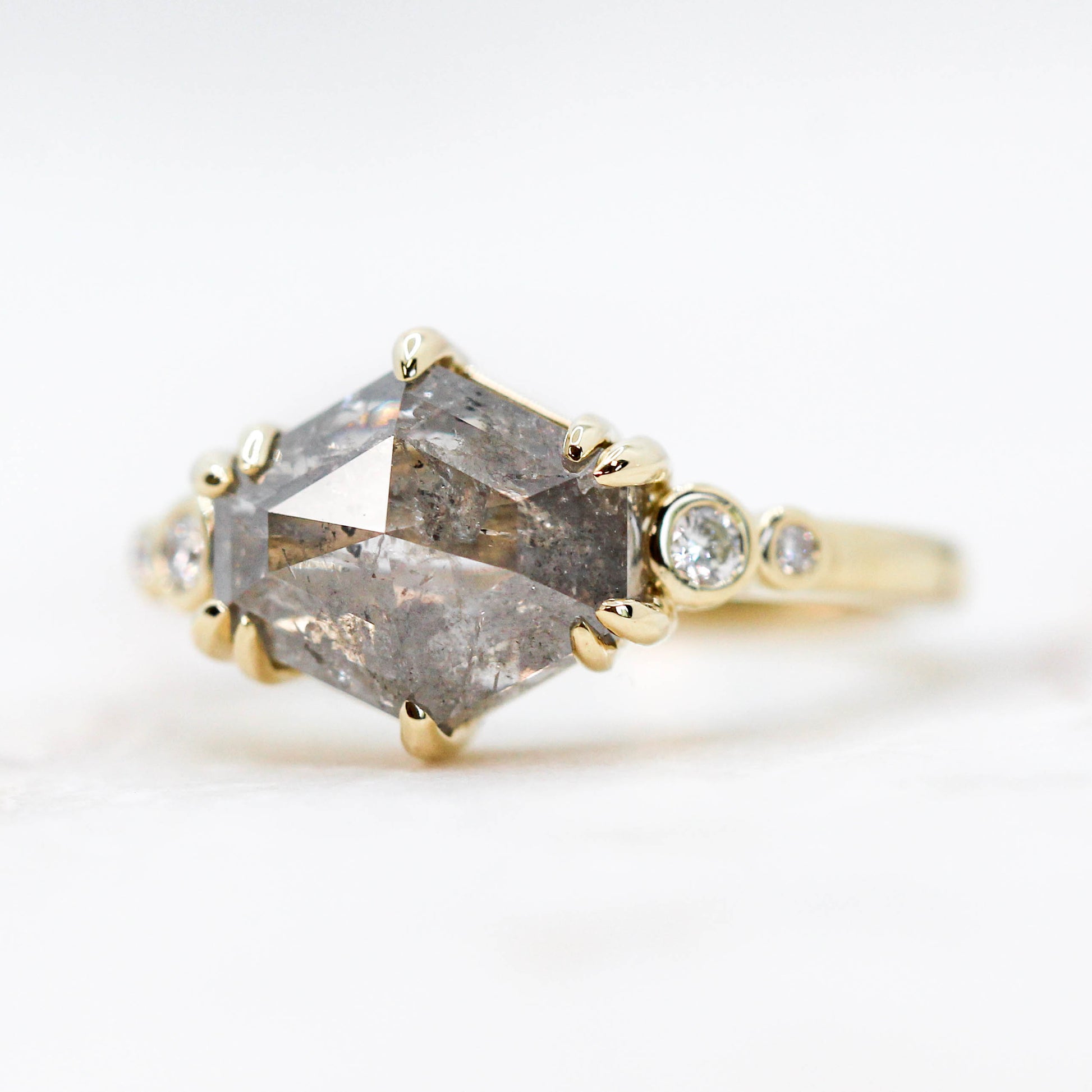 Joyce Ring with a 3.51 Carat Pale Gray Celestial Hexagon Diamond and White Accent Diamonds in 14k Yellow Gold - Ready to Size and Ship - Midwinter Co. Alternative Bridal Rings and Modern Fine Jewelry