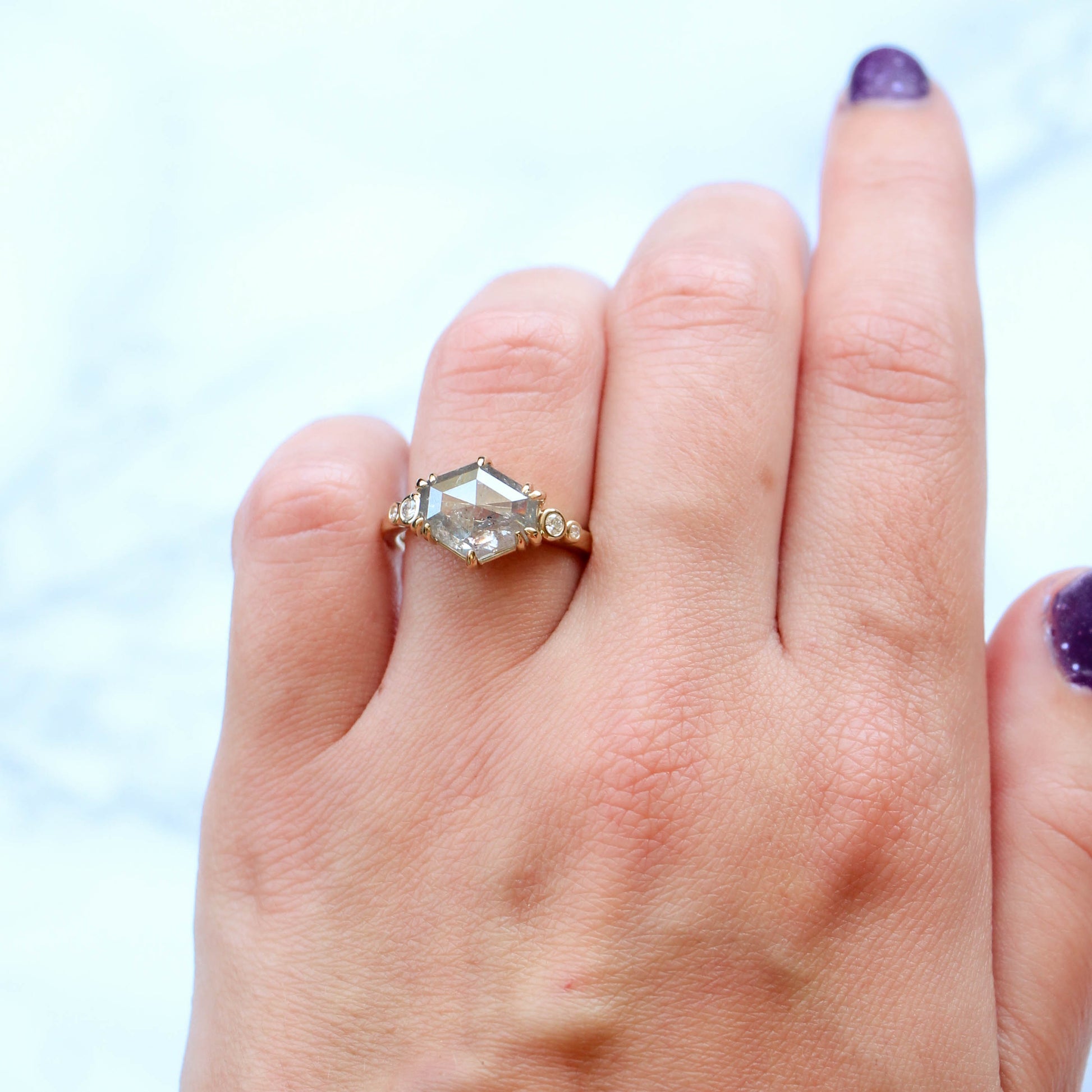 Joyce Ring with a 3.51 Carat Pale Gray Celestial Hexagon Diamond and White Accent Diamonds in 14k Yellow Gold - Ready to Size and Ship - Midwinter Co. Alternative Bridal Rings and Modern Fine Jewelry