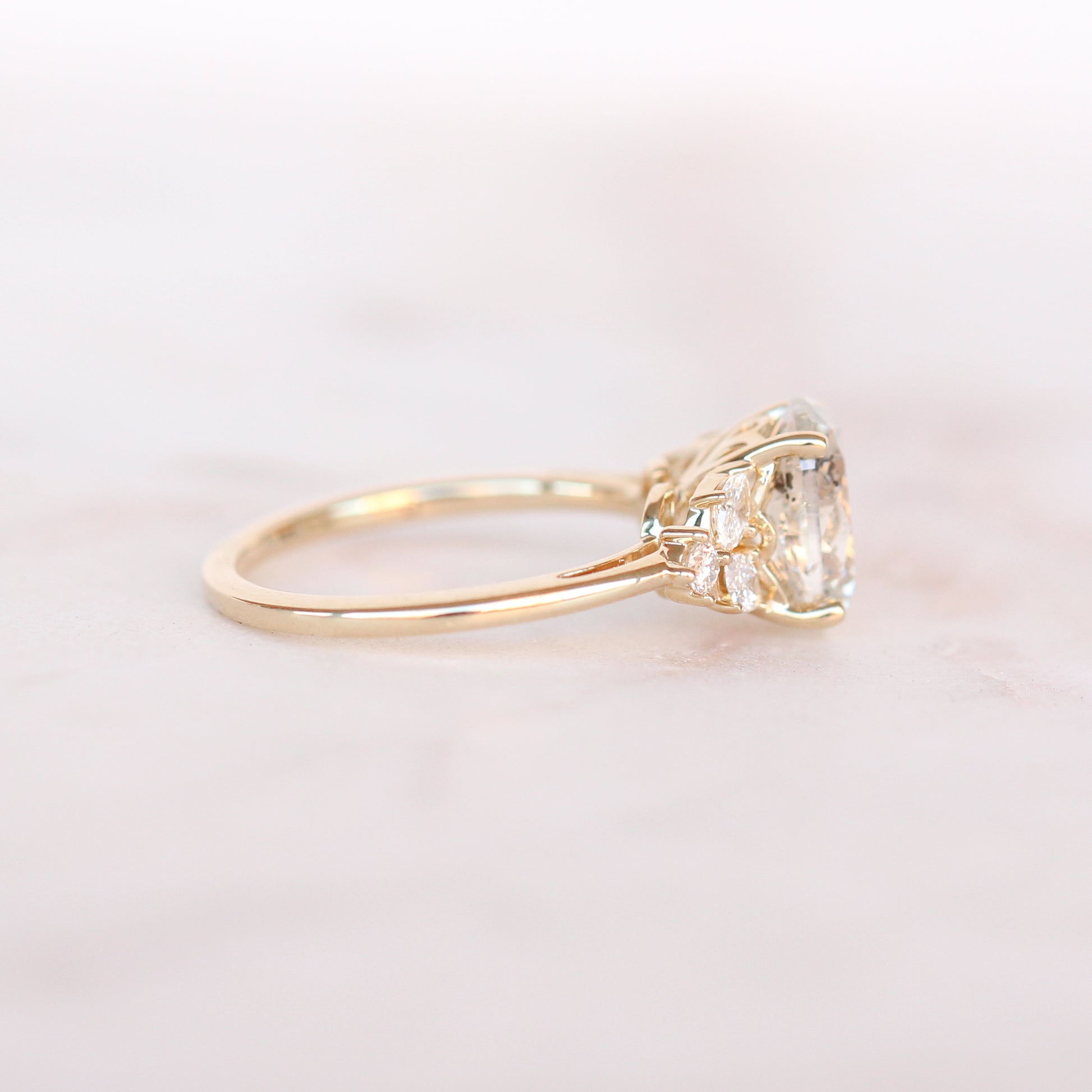 Andia Ring with a 2.02 Carat Clear Oval Celestial Diamond and White Accent Diamonds in 14k Yellow Gold - Ready to Size and Ship - Midwinter Co. Alternative Bridal Rings and Modern Fine Jewelry