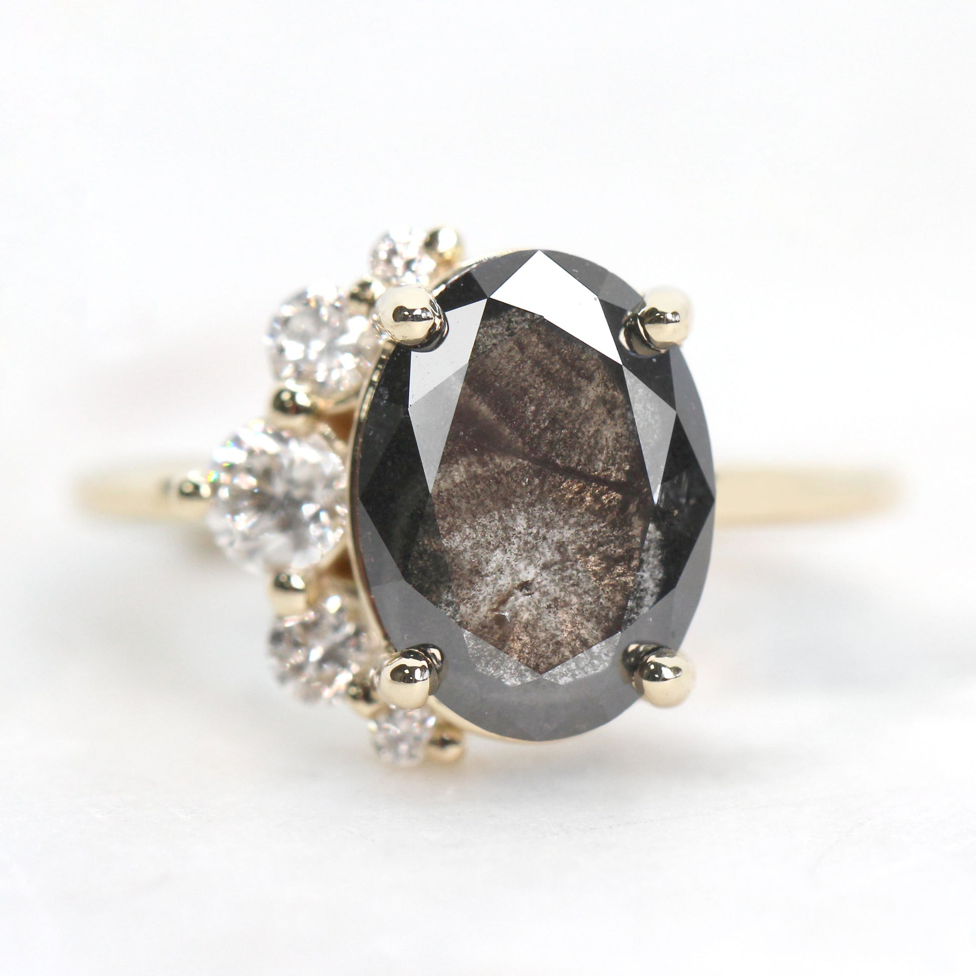 Carell Ring with a 3.07 Carat Dark Stormy Gray Oval Celestial Diamond and White Accent Diamonds in 14k Yellow Gold - Ready to Size and Ship - Midwinter Co. Alternative Bridal Rings and Modern Fine Jewelry