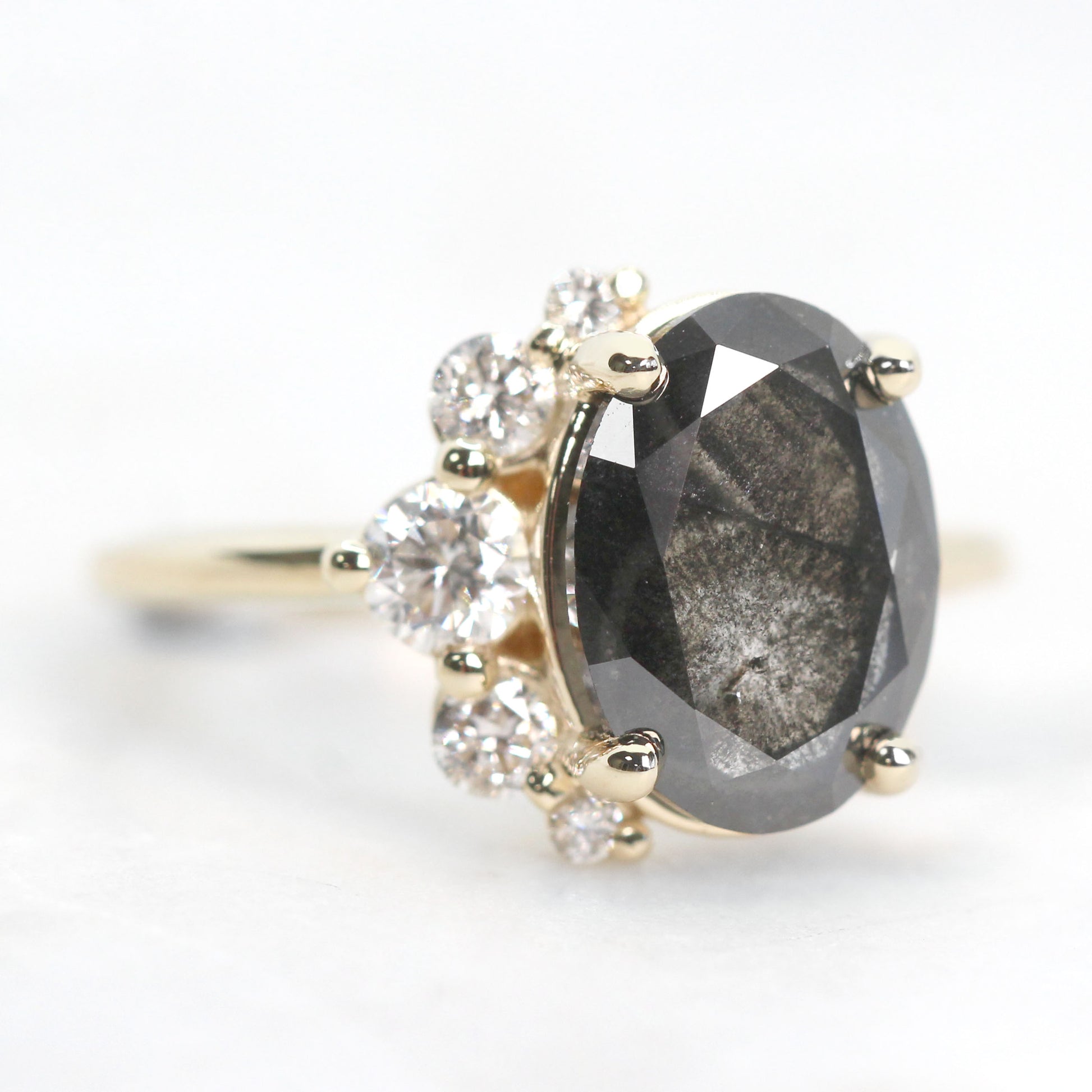 Carell Ring with a 3.07 Carat Dark Stormy Gray Oval Celestial Diamond and White Accent Diamonds in 14k Yellow Gold - Ready to Size and Ship - Midwinter Co. Alternative Bridal Rings and Modern Fine Jewelry