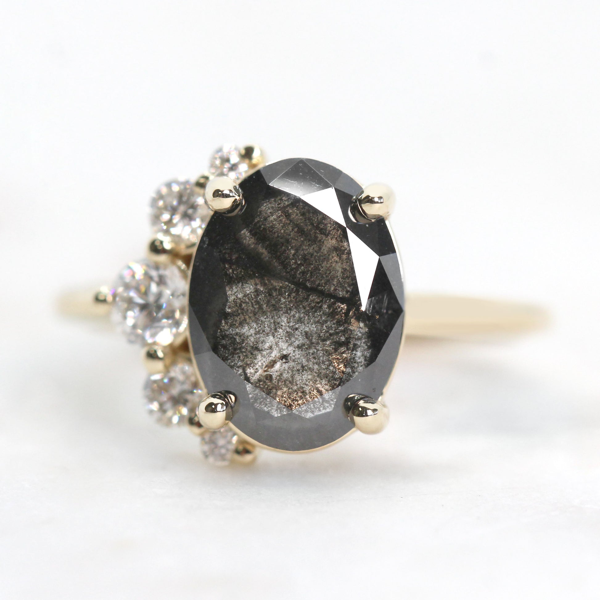 Carell Ring with a 3.07 Carat Dark Stormy Gray Oval Celestial Diamond and White Accent Diamonds in 14k Yellow Gold - Ready to Size and Ship - Midwinter Co. Alternative Bridal Rings and Modern Fine Jewelry