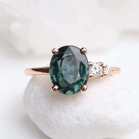 Jesse Ring with 3.3 ct Teal Sapphire and Diamonds in 10k Rose Gold - Ready to Size and Ship - Midwinter Co. Alternative Bridal Rings and Modern Fine Jewelry