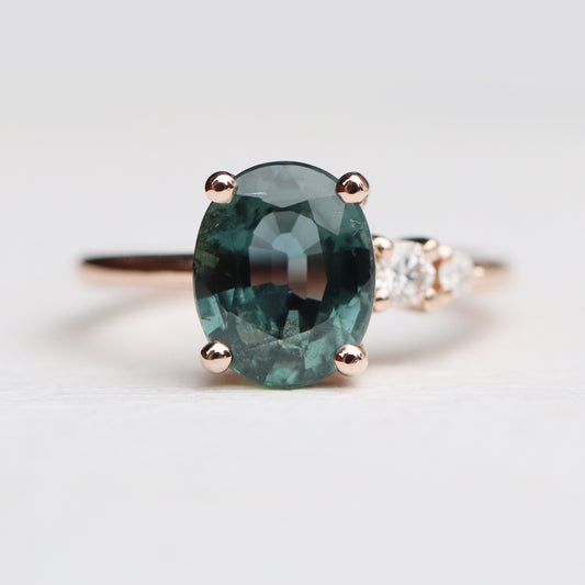 Jesse Ring with 3.3 ct Teal Sapphire and Diamonds in 10k Rose Gold - Ready to Size and Ship - Midwinter Co. Alternative Bridal Rings and Modern Fine Jewelry