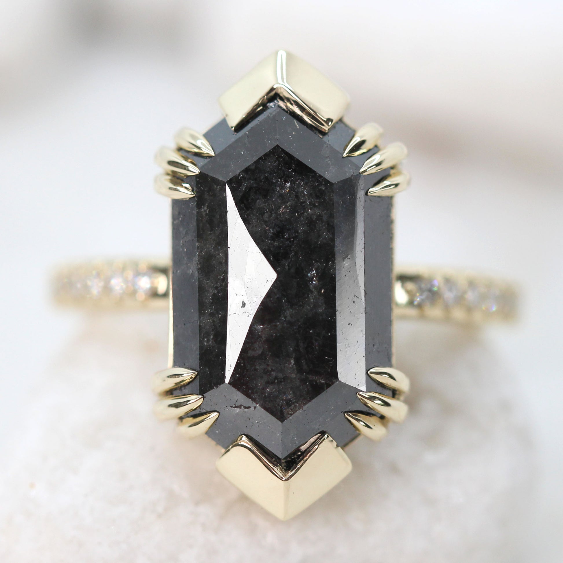 Ebony Ring with a 6.39 Carat Natural Black Hexagon Celestial Diamond and White Accent Diamonds in 14k Yellow Gold - Ready to Size and Ship - Midwinter Co. Alternative Bridal Rings and Modern Fine Jewelry