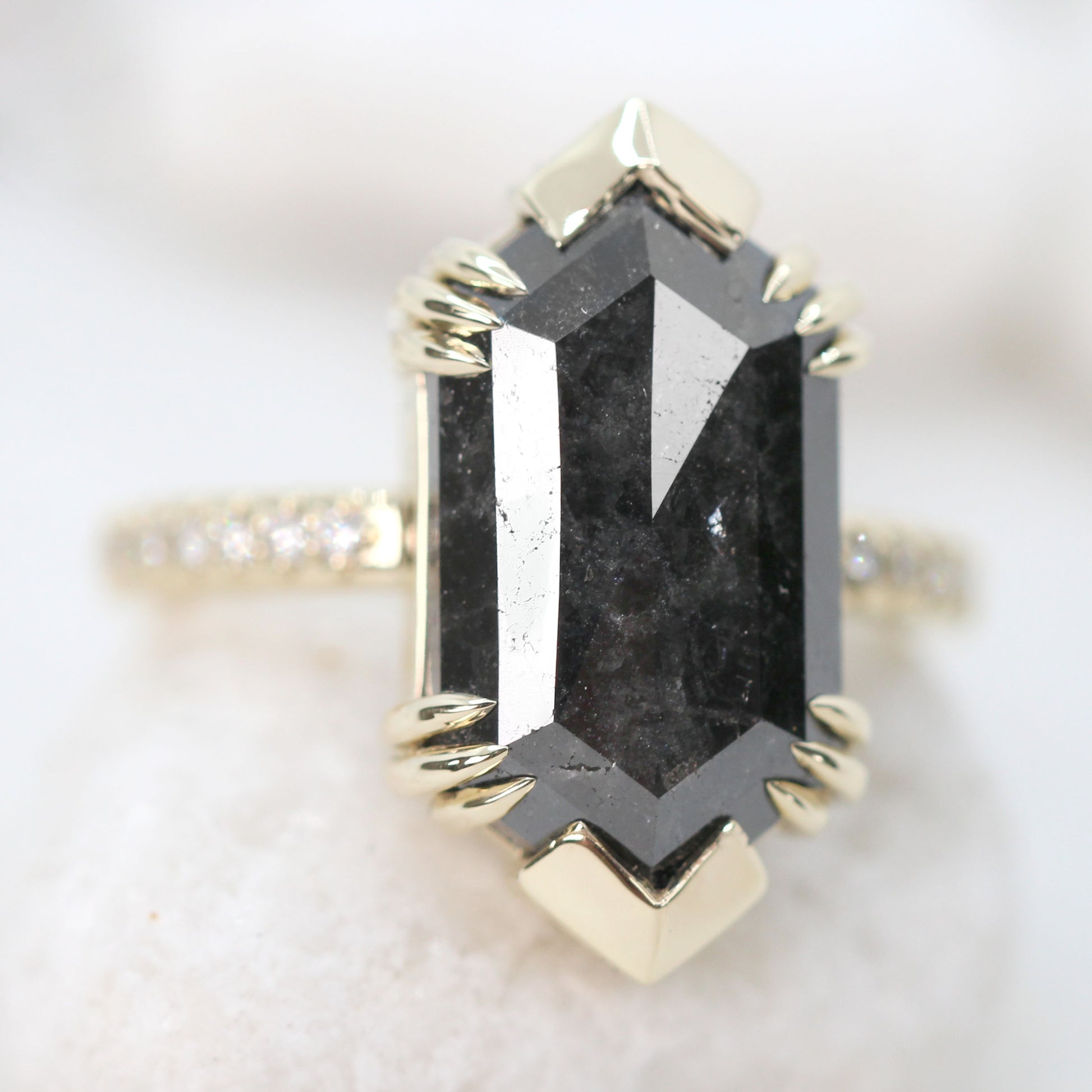 Ebony Ring with a 6.39 Carat Natural Black Hexagon Celestial Diamond and White Accent Diamonds in 14k Yellow Gold - Ready to Size and Ship - Midwinter Co. Alternative Bridal Rings and Modern Fine Jewelry