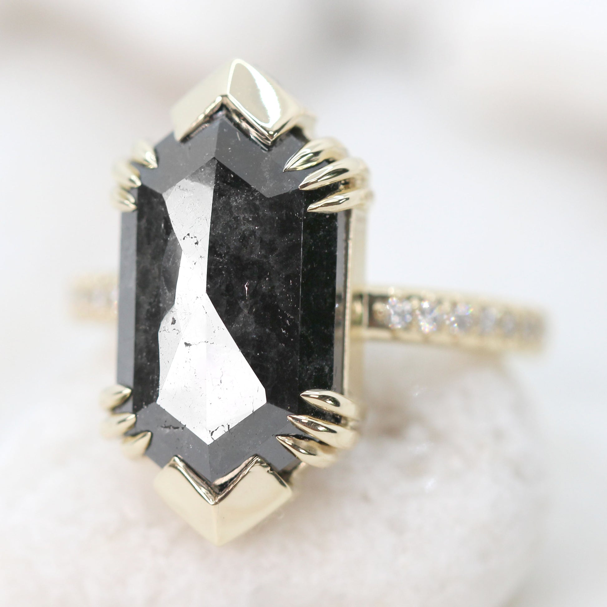 Ebony Ring with a 6.39 Carat Natural Black Hexagon Celestial Diamond and White Accent Diamonds in 14k Yellow Gold - Ready to Size and Ship - Midwinter Co. Alternative Bridal Rings and Modern Fine Jewelry