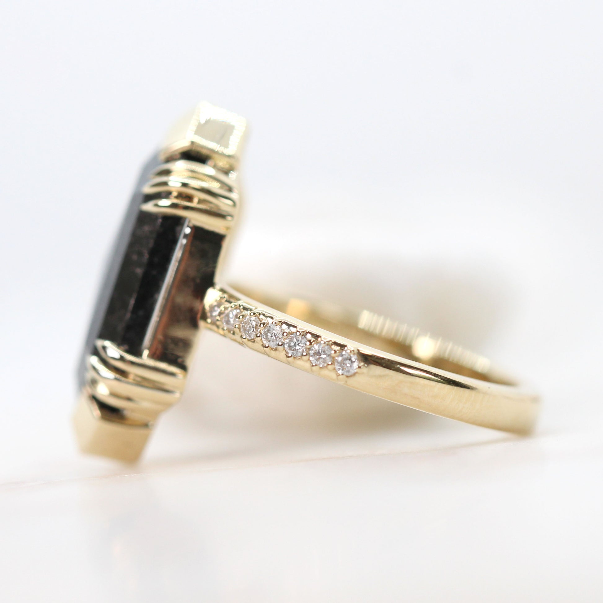 Ebony Ring with a 6.39 Carat Natural Black Hexagon Celestial Diamond and White Accent Diamonds in 14k Yellow Gold - Ready to Size and Ship - Midwinter Co. Alternative Bridal Rings and Modern Fine Jewelry