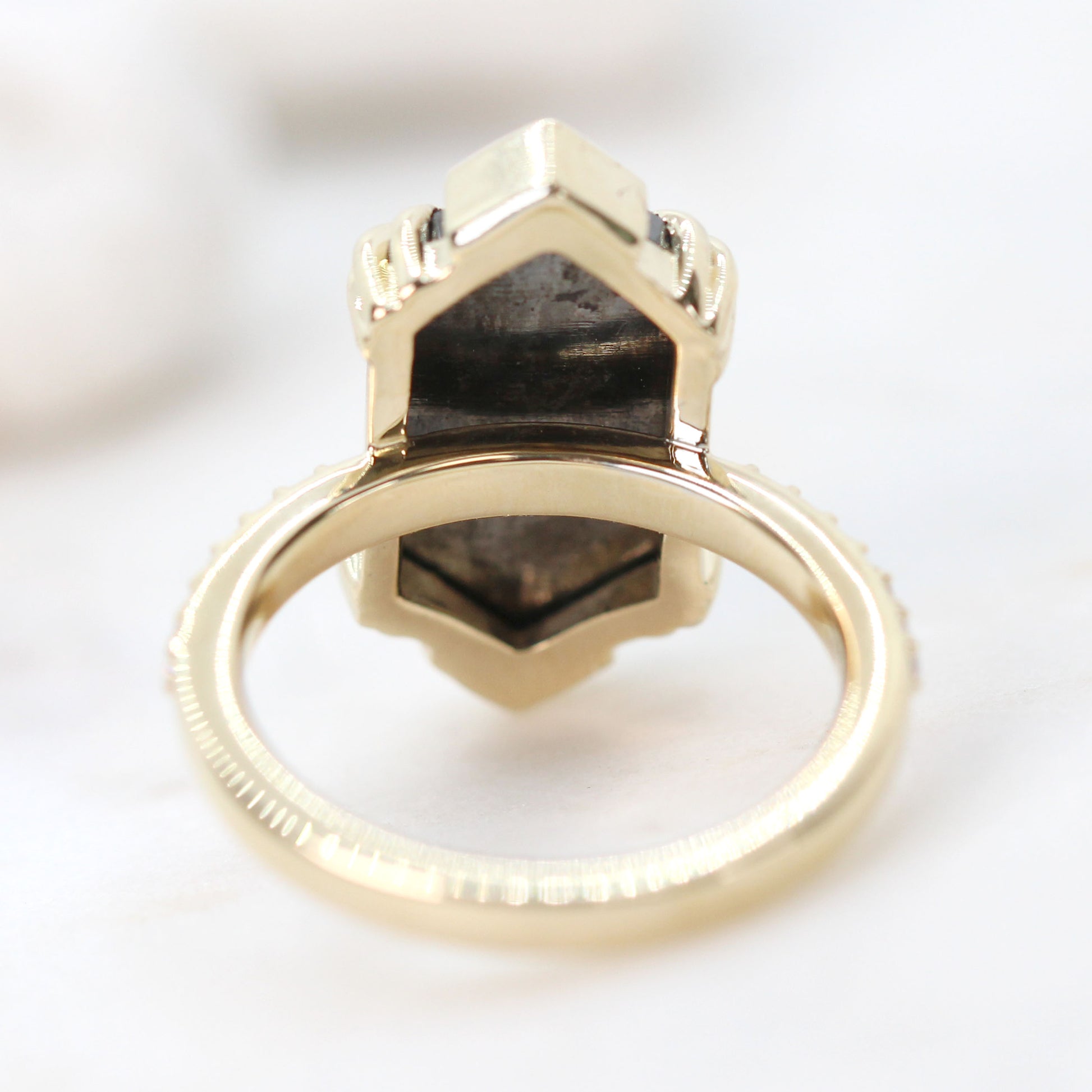 Ebony Ring with a 6.39 Carat Natural Black Hexagon Celestial Diamond and White Accent Diamonds in 14k Yellow Gold - Ready to Size and Ship - Midwinter Co. Alternative Bridal Rings and Modern Fine Jewelry