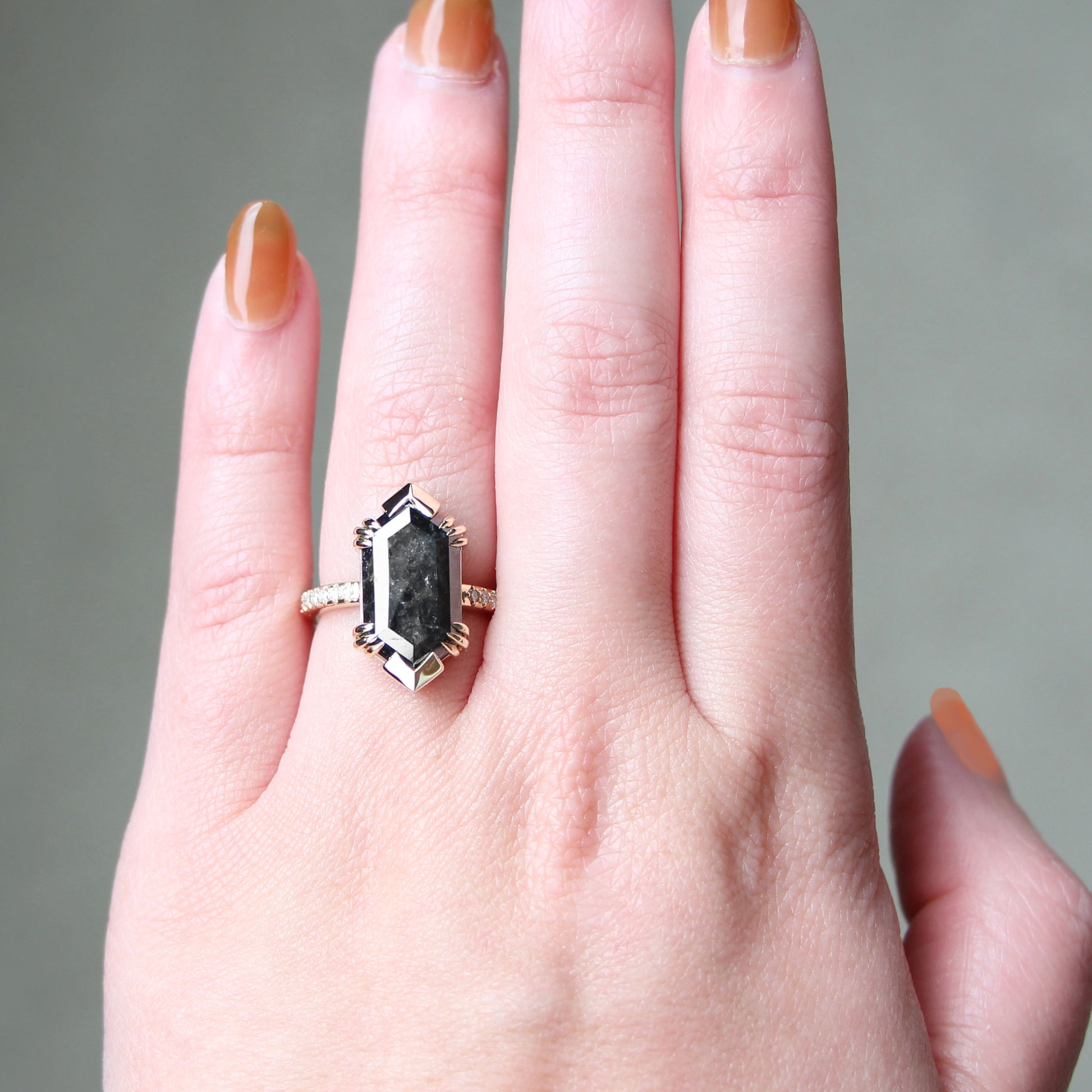 Ebony Ring with a 6.39 Carat Natural Black Hexagon Celestial Diamond and White Accent Diamonds in 14k Yellow Gold - Ready to Size and Ship - Midwinter Co. Alternative Bridal Rings and Modern Fine Jewelry