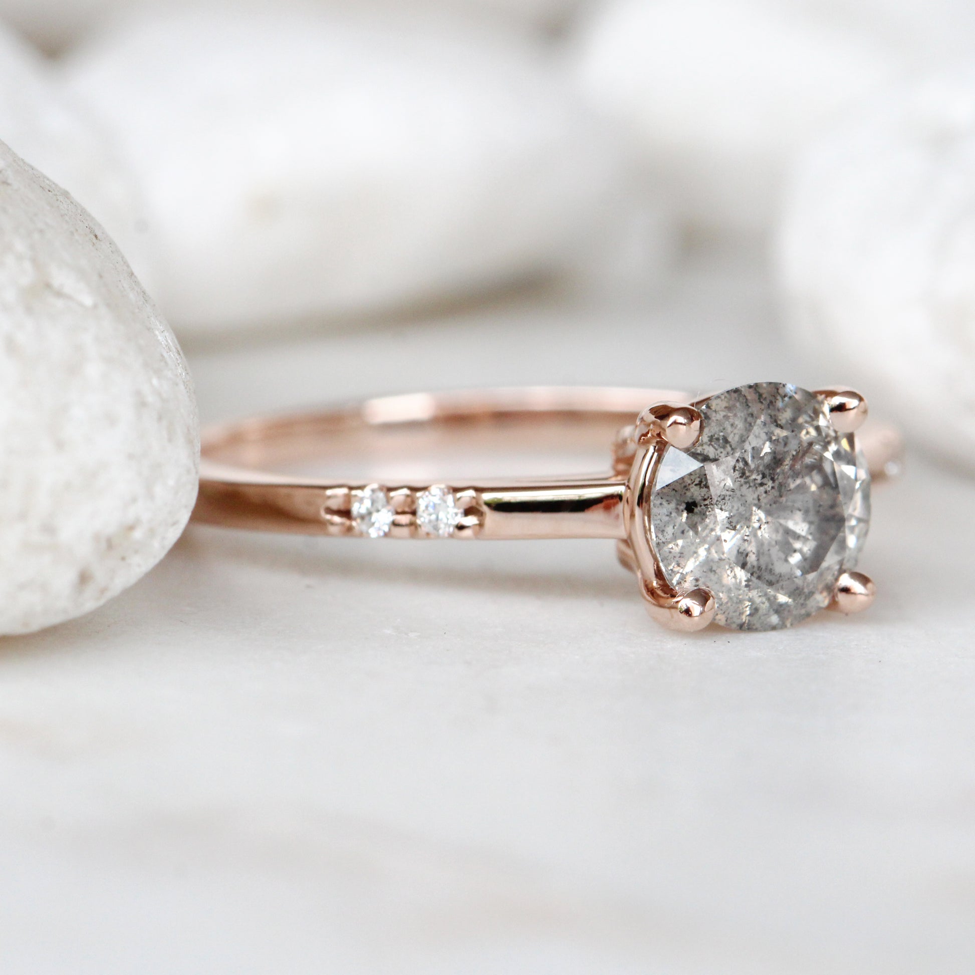 Xavier Ring with a 1.05 Carat Round Gray Celestial Diamond and Asymetrical White Accent Diamonds in 14K Rose Gold - Ready to Size and Ship - Midwinter Co. Alternative Bridal Rings and Modern Fine Jewelry