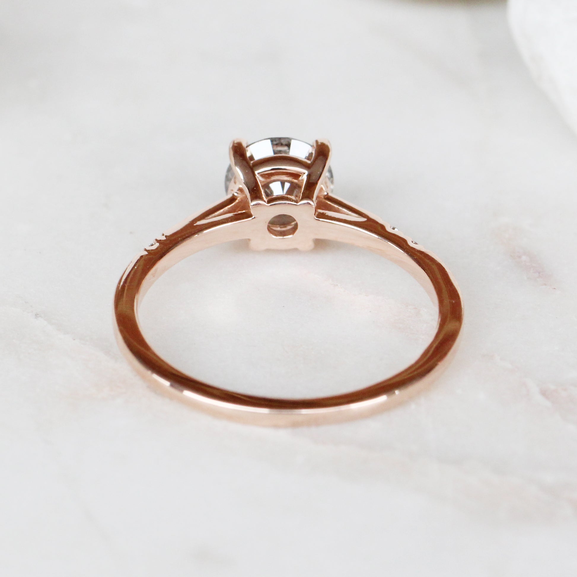 Xavier Ring with a 1.05 Carat Round Gray Celestial Diamond and Asymetrical White Accent Diamonds in 14K Rose Gold - Ready to Size and Ship - Midwinter Co. Alternative Bridal Rings and Modern Fine Jewelry