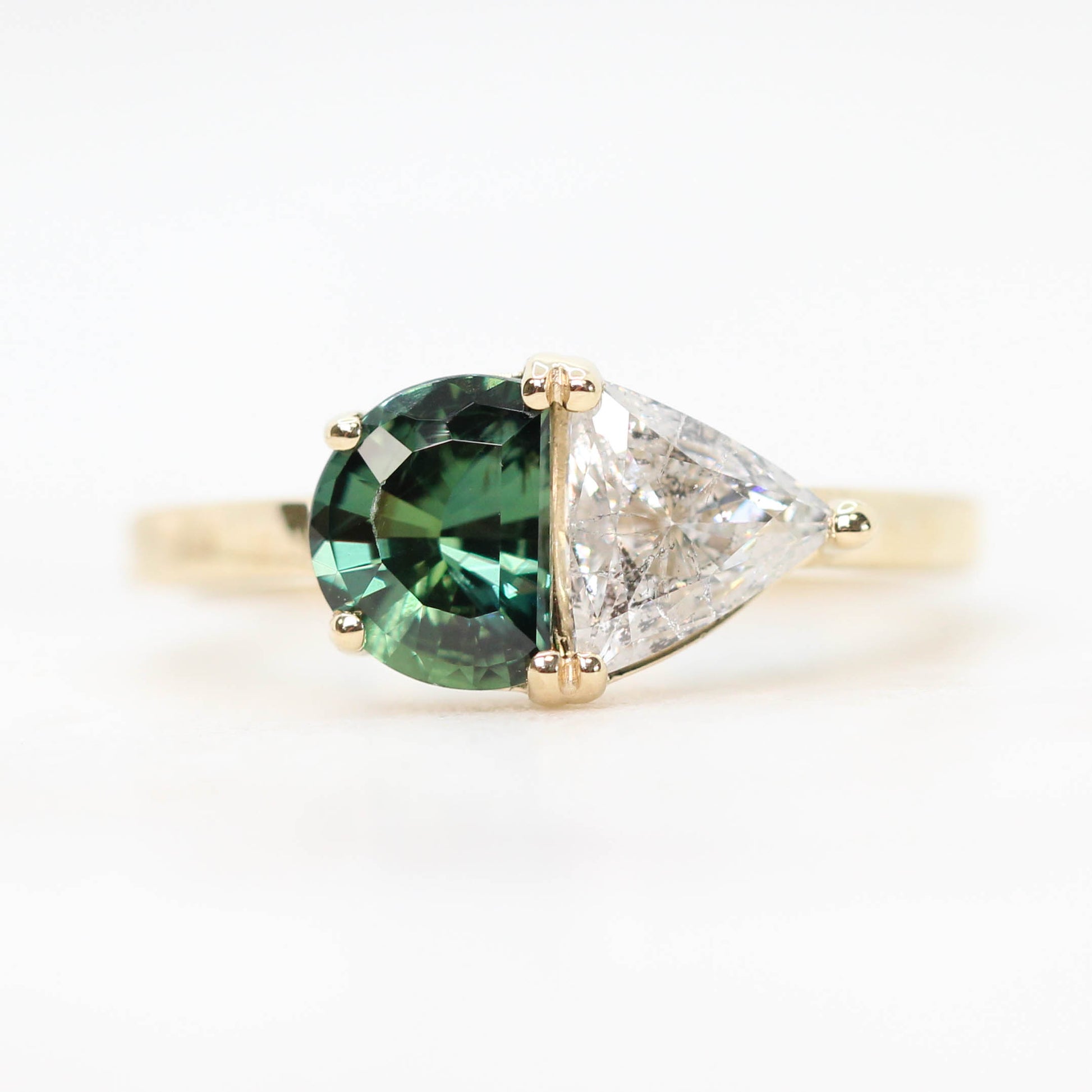 CAELEN (J) Toi et Moi Ring with a 1.05 Carat Green Sapphire and a 0.57 Carat GIA Certified Celestial Diamond in 14k Yellow Gold - Ready to Size and Ship - Midwinter Co. Alternative Bridal Rings and Modern Fine Jewelry