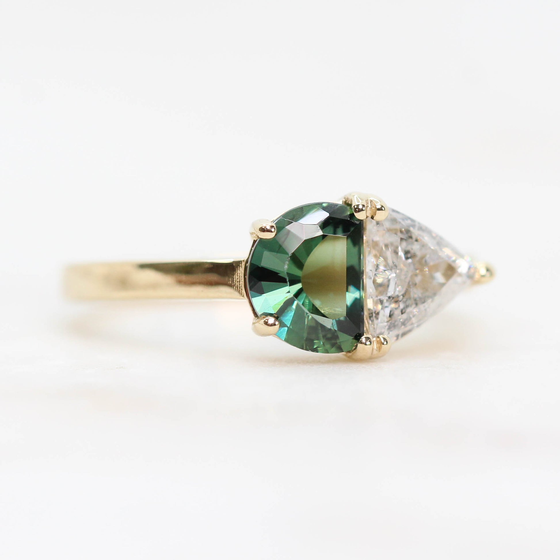 CAELEN (J) Toi et Moi Ring with a 1.05 Carat Green Sapphire and a 0.57 Carat GIA Certified Celestial Diamond in 14k Yellow Gold - Ready to Size and Ship - Midwinter Co. Alternative Bridal Rings and Modern Fine Jewelry