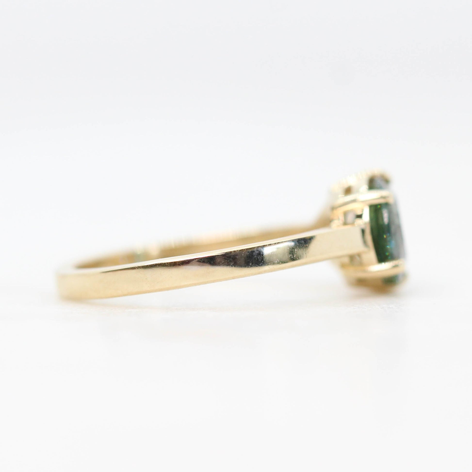 CAELEN (J) Toi et Moi Ring with a 1.05 Carat Green Sapphire and a 0.57 Carat GIA Certified Celestial Diamond in 14k Yellow Gold - Ready to Size and Ship - Midwinter Co. Alternative Bridal Rings and Modern Fine Jewelry