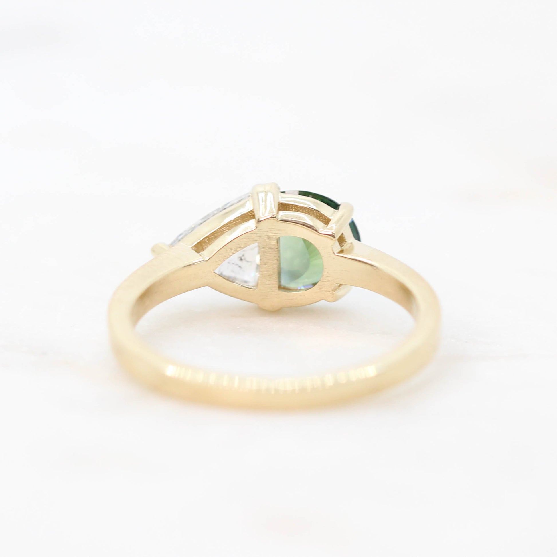 CAELEN (J) Toi et Moi Ring with a 1.05 Carat Green Sapphire and a 0.57 Carat GIA Certified Celestial Diamond in 14k Yellow Gold - Ready to Size and Ship - Midwinter Co. Alternative Bridal Rings and Modern Fine Jewelry