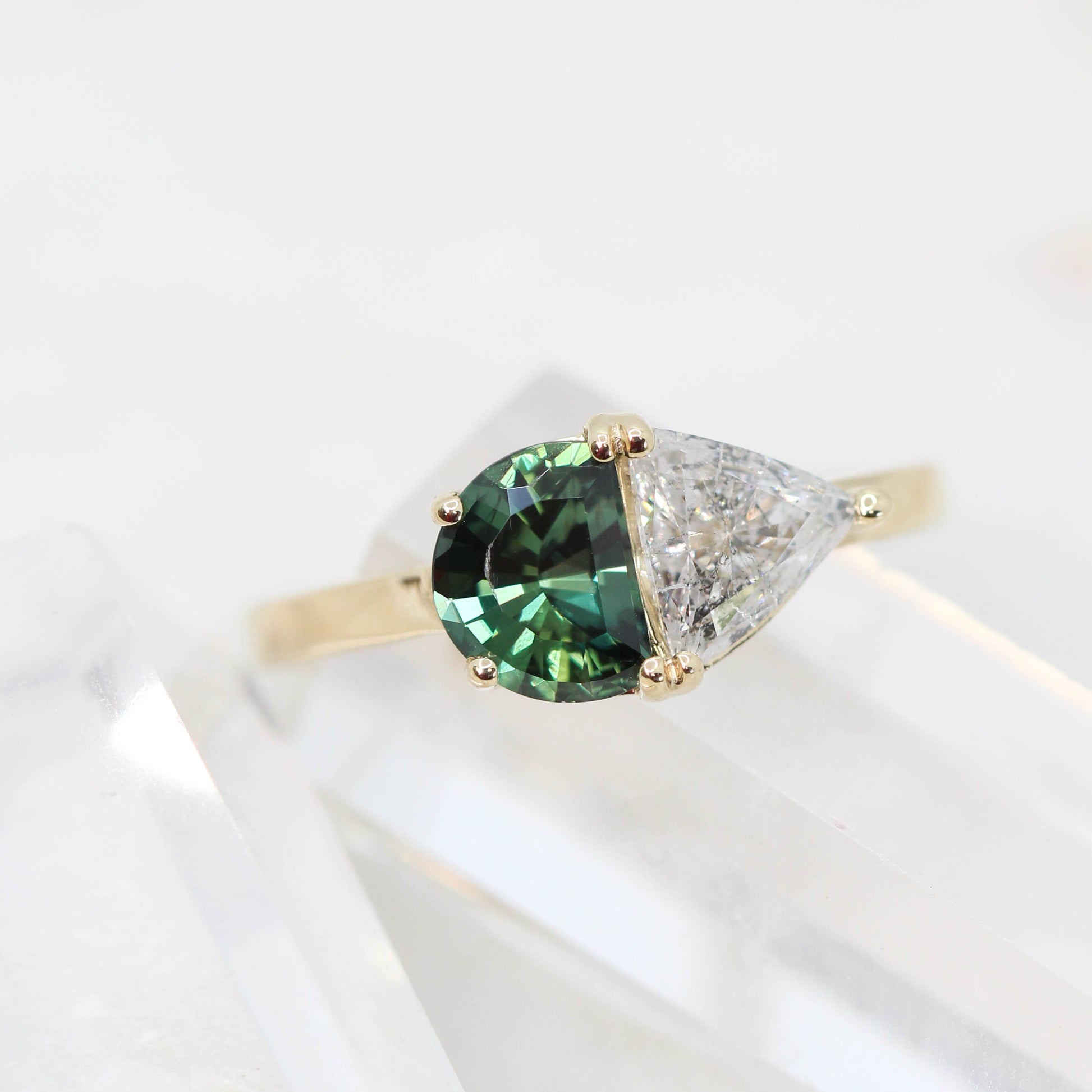 CAELEN (J) Toi et Moi Ring with a 1.05 Carat Green Sapphire and a 0.57 Carat GIA Certified Celestial Diamond in 14k Yellow Gold - Ready to Size and Ship - Midwinter Co. Alternative Bridal Rings and Modern Fine Jewelry