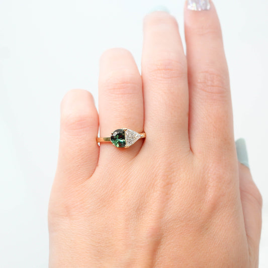 CAELEN (J) Toi et Moi Ring with a 1.05 Carat Green Sapphire and a 0.57 Carat GIA Certified Celestial Diamond in 14k Yellow Gold - Ready to Size and Ship - Midwinter Co. Alternative Bridal Rings and Modern Fine Jewelry