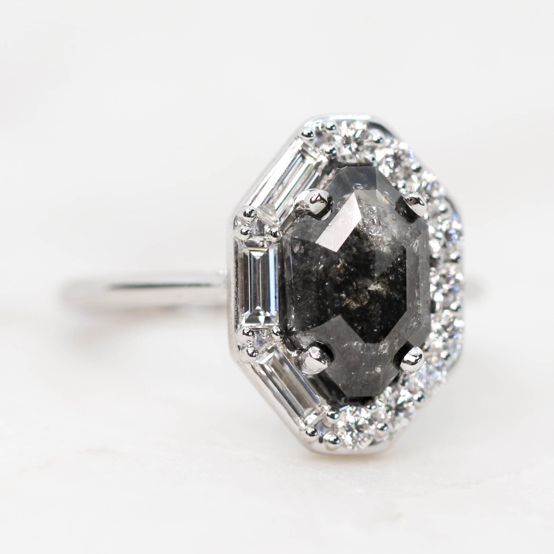 Collins Ring with a 2.56 Carat Black Celestial Octagon Diamond and White Accent Diamonds in 14k White Gold - Ready to Size and Ship - Midwinter Co. Alternative Bridal Rings and Modern Fine Jewelry