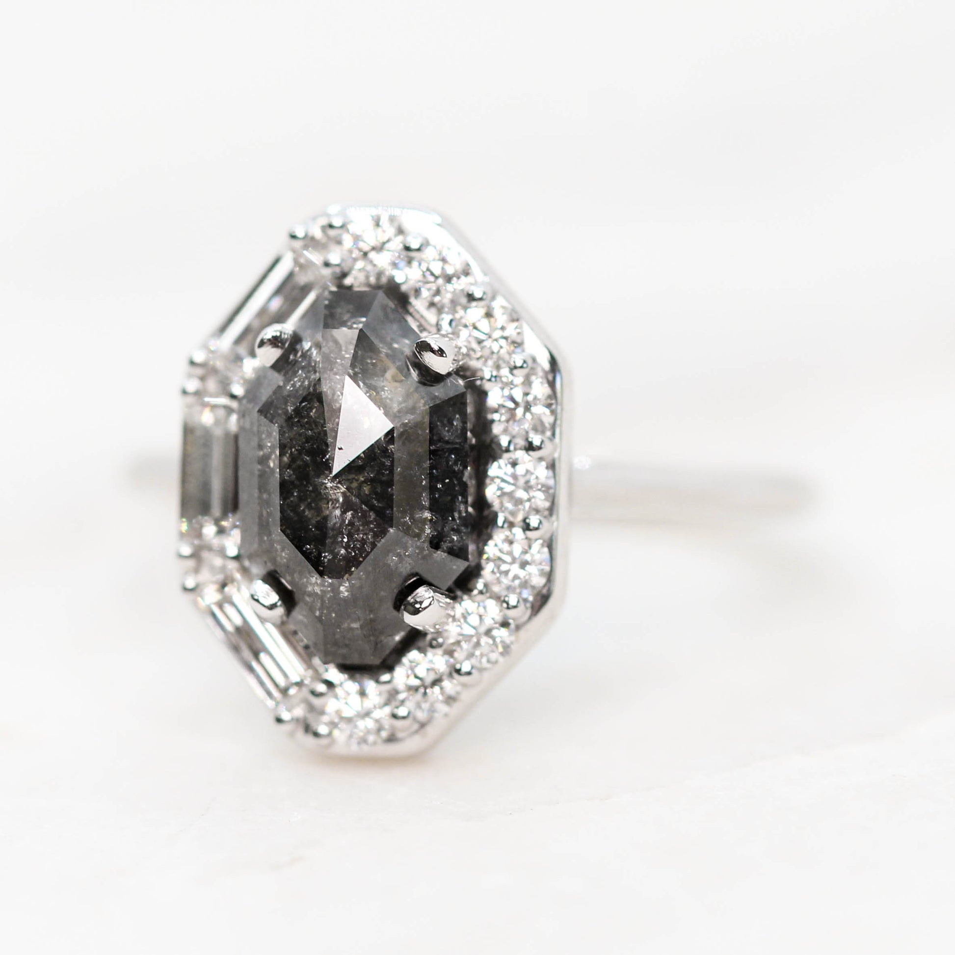 Collins Ring with a 2.56 Carat Black Celestial Octagon Diamond and White Accent Diamonds in 14k White Gold - Ready to Size and Ship - Midwinter Co. Alternative Bridal Rings and Modern Fine Jewelry