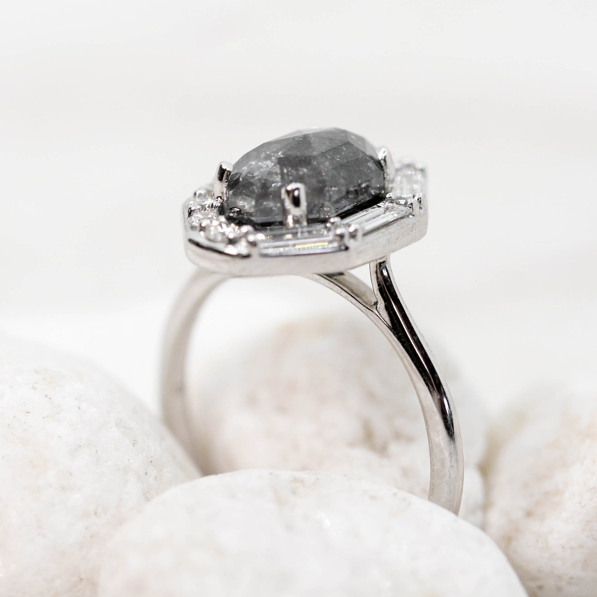 Collins Ring with a 2.56 Carat Black Celestial Octagon Diamond and White Accent Diamonds in 14k White Gold - Ready to Size and Ship - Midwinter Co. Alternative Bridal Rings and Modern Fine Jewelry