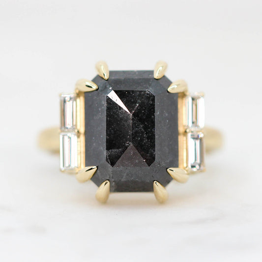 Valerie Ring with a 7.37 Carat Black Celestial Emerald Cut Diamond and White Accent Baguette Diamonds in 14k Yellow Gold - Ready to Size and Ship - Midwinter Co. Alternative Bridal Rings and Modern Fine Jewelry