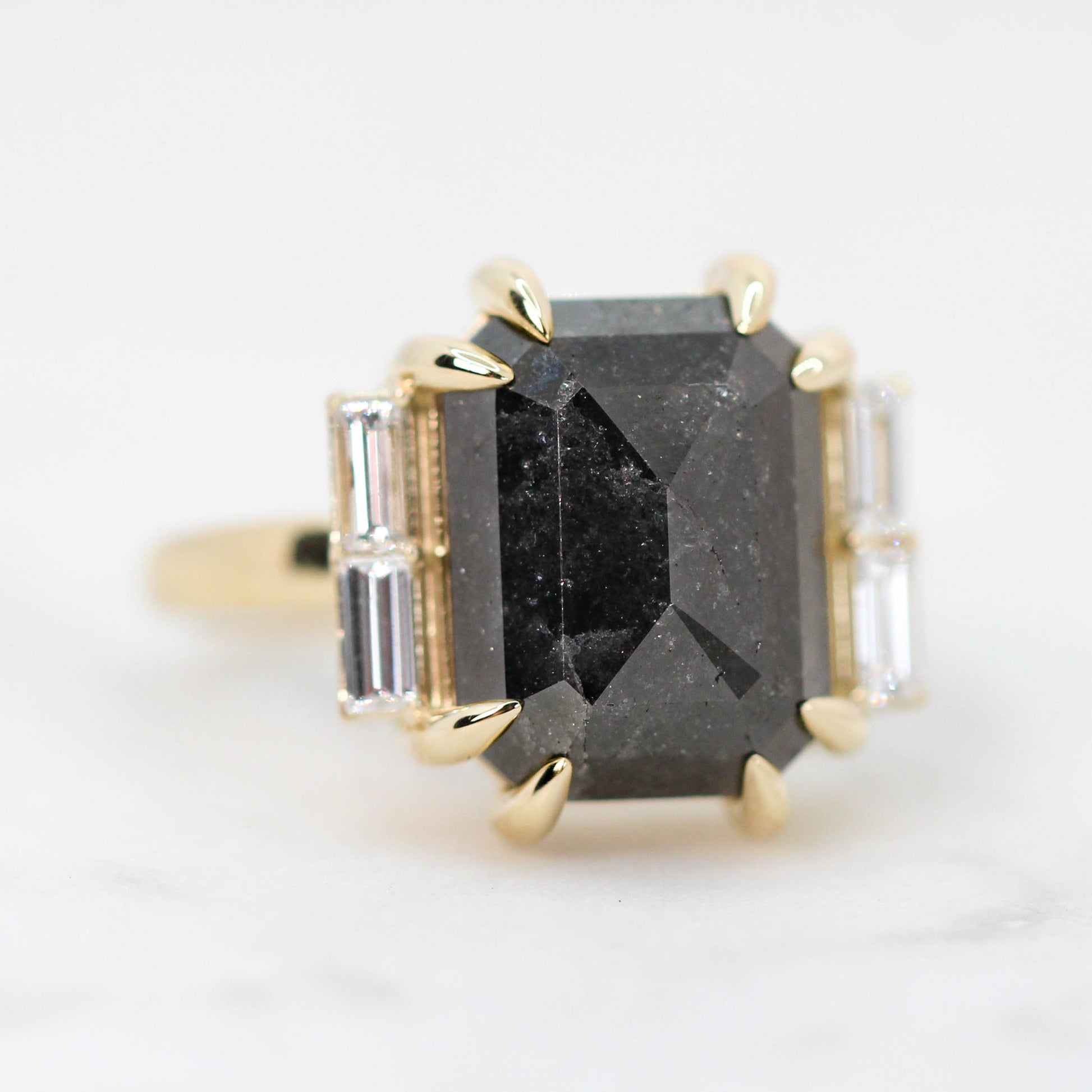 Valerie Ring with a 7.37 Carat Black Celestial Emerald Cut Diamond and White Accent Baguette Diamonds in 14k Yellow Gold - Ready to Size and Ship - Midwinter Co. Alternative Bridal Rings and Modern Fine Jewelry