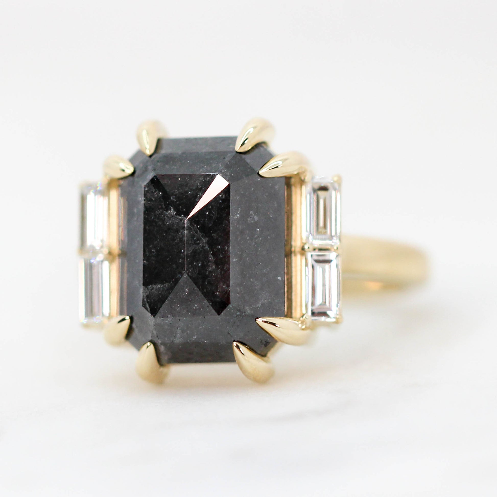 Valerie Ring with a 7.37 Carat Black Celestial Emerald Cut Diamond and White Accent Baguette Diamonds in 14k Yellow Gold - Ready to Size and Ship - Midwinter Co. Alternative Bridal Rings and Modern Fine Jewelry