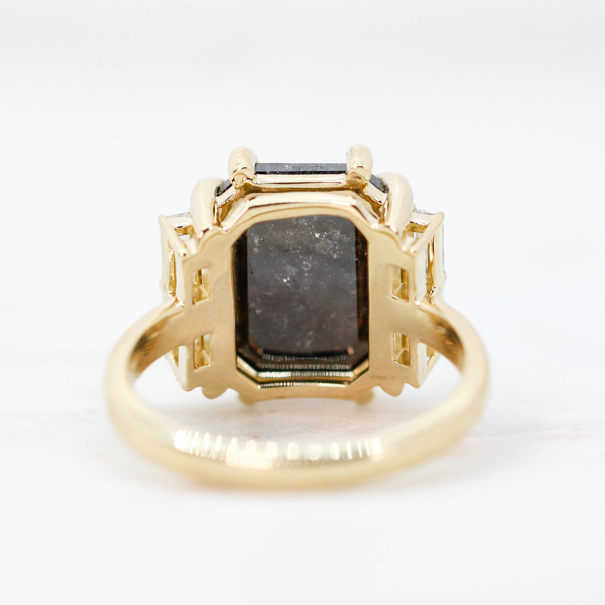 Valerie Ring with a 7.37 Carat Black Celestial Emerald Cut Diamond and White Accent Baguette Diamonds in 14k Yellow Gold - Ready to Size and Ship - Midwinter Co. Alternative Bridal Rings and Modern Fine Jewelry