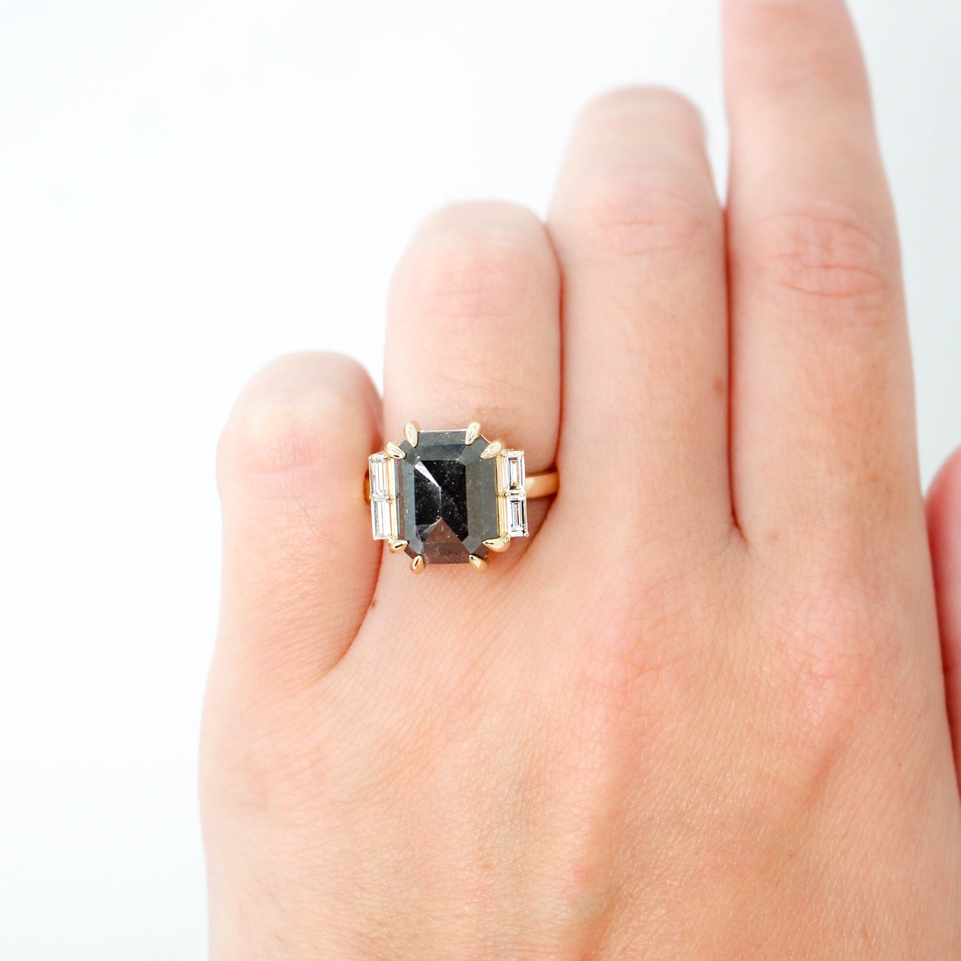 Valerie Ring with a 7.37 Carat Black Celestial Emerald Cut Diamond and White Accent Baguette Diamonds in 14k Yellow Gold - Ready to Size and Ship - Midwinter Co. Alternative Bridal Rings and Modern Fine Jewelry