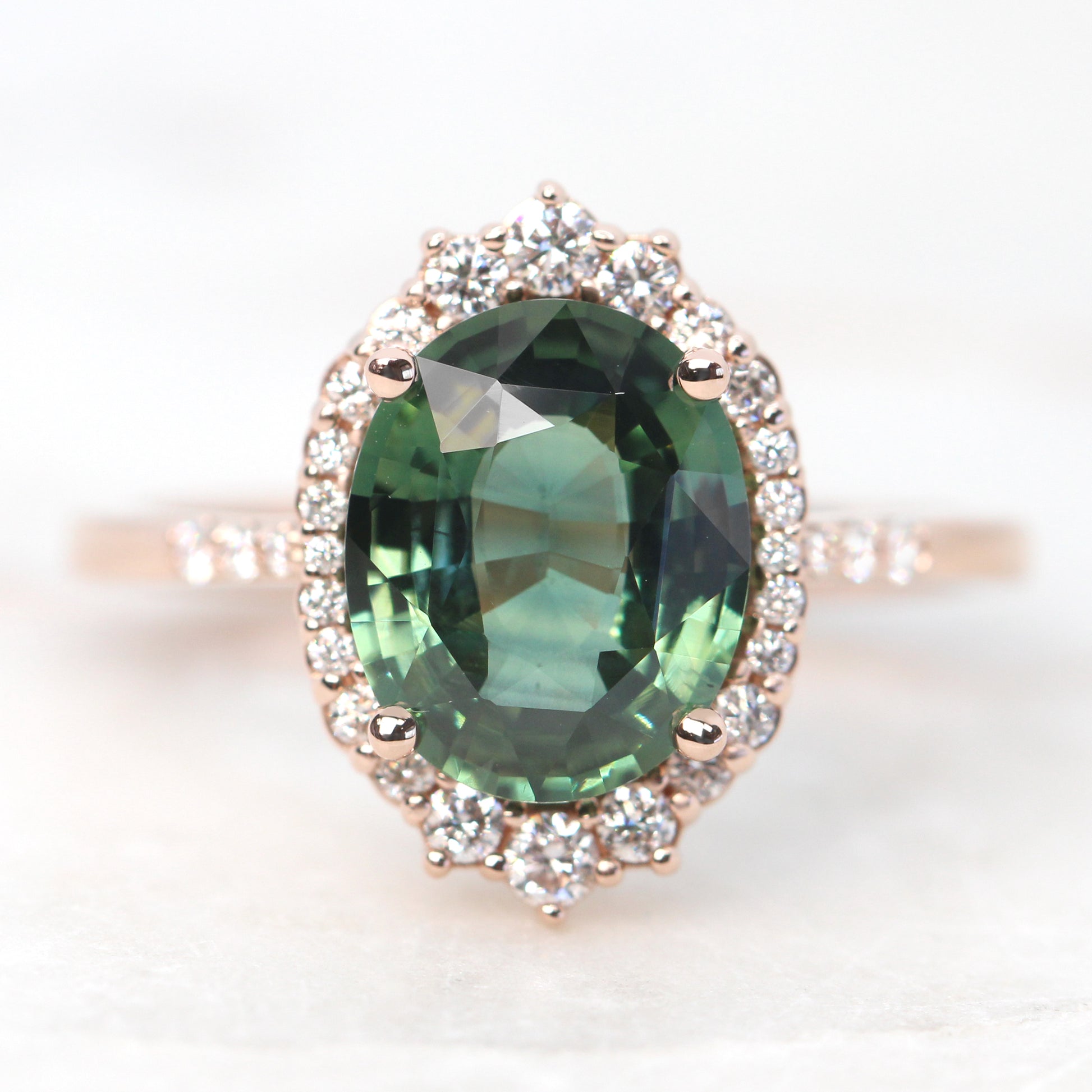 Grace Ring with a 3.27 Carat Color Change Green Blue Oval Sapphire and White Accent Diamonds in 14k Rose Gold - Ready to Size and Ship - Midwinter Co. Alternative Bridal Rings and Modern Fine Jewelry