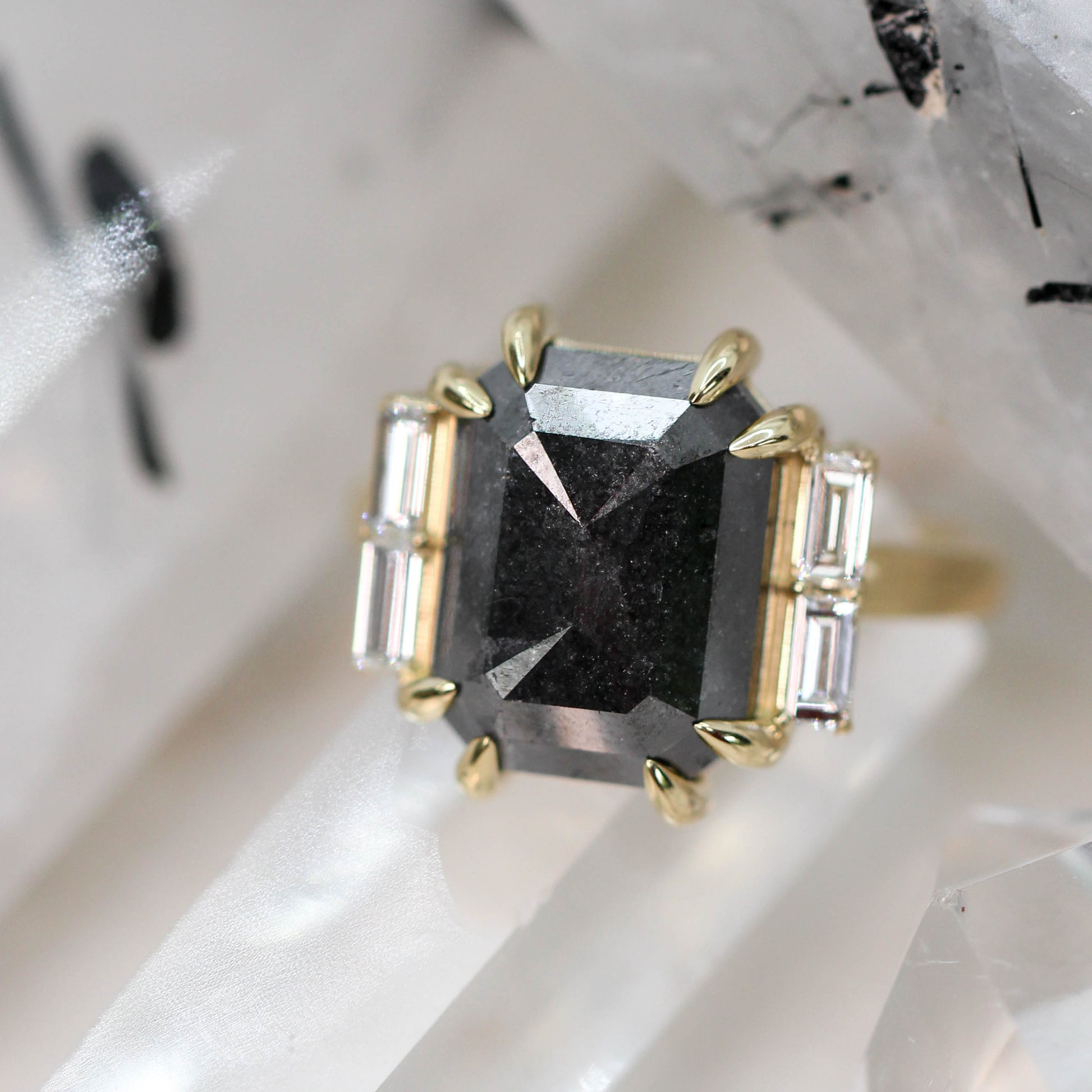 Valerie Ring with a 7.37 Carat Black Celestial Emerald Cut Diamond and White Accent Baguette Diamonds in 14k Yellow Gold - Ready to Size and Ship - Midwinter Co. Alternative Bridal Rings and Modern Fine Jewelry