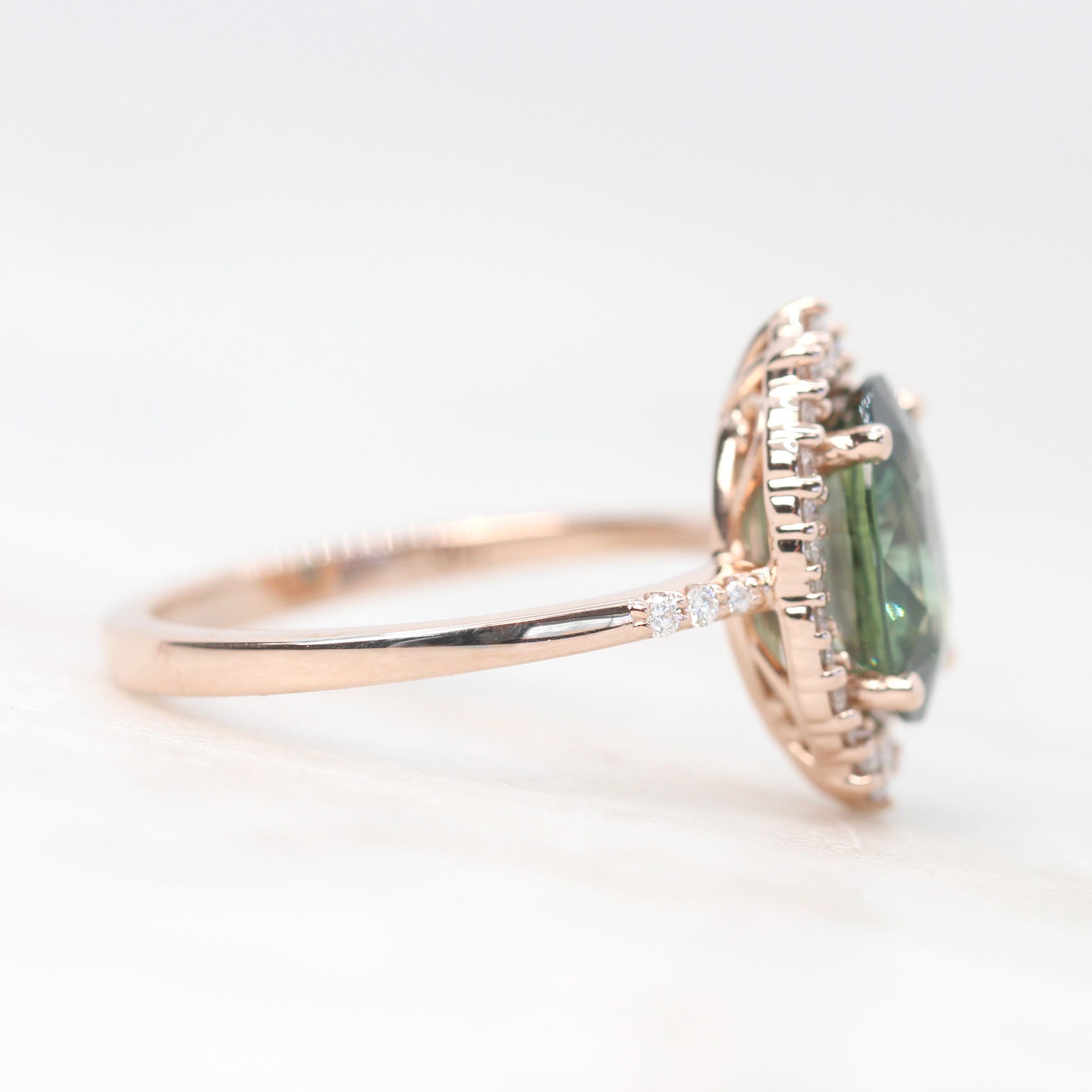 Grace Ring with a 3.27 Carat Color Change Green Blue Oval Sapphire and White Accent Diamonds in 14k Rose Gold - Ready to Size and Ship - Midwinter Co. Alternative Bridal Rings and Modern Fine Jewelry