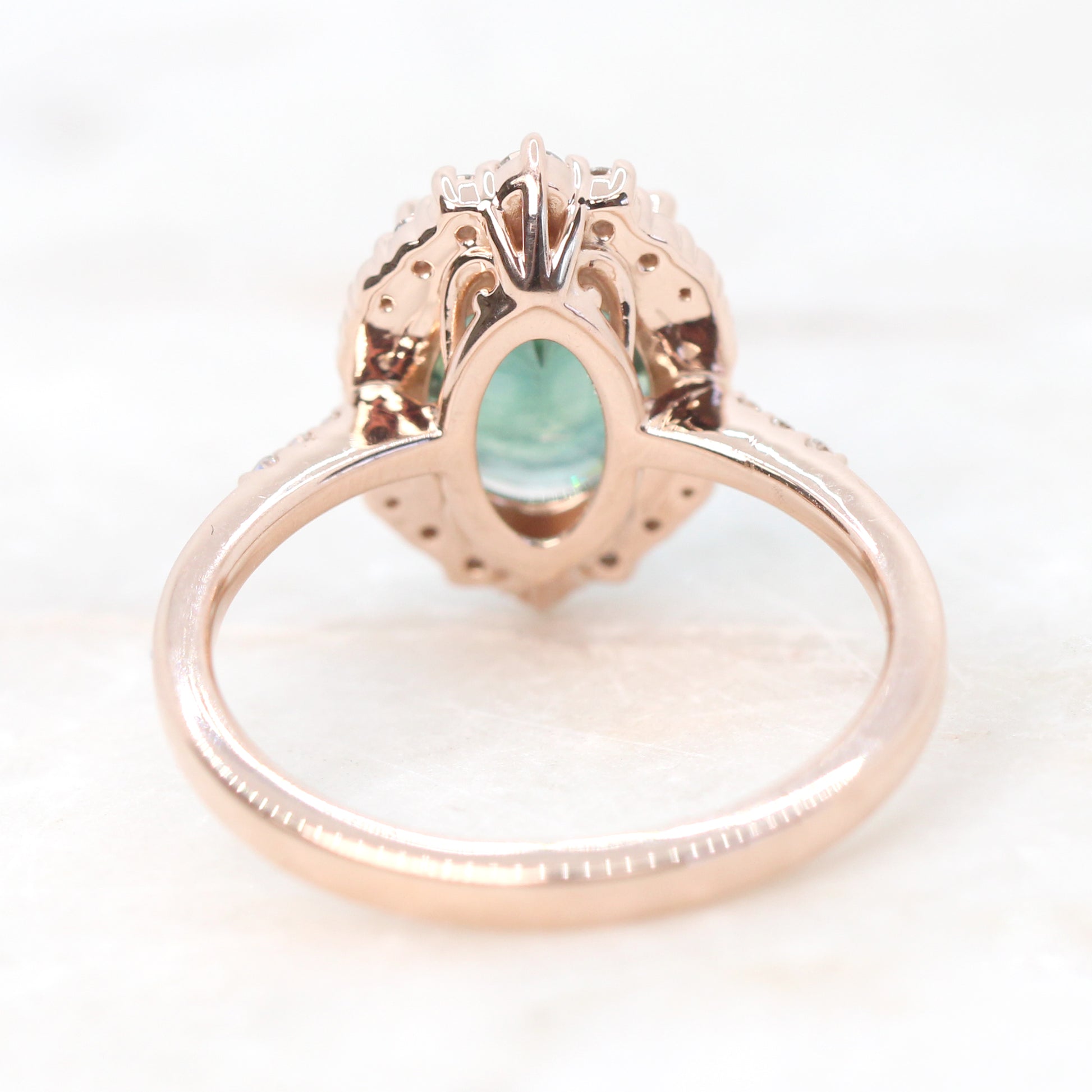 Grace Ring with a 3.27 Carat Color Change Green Blue Oval Sapphire and White Accent Diamonds in 14k Rose Gold - Ready to Size and Ship - Midwinter Co. Alternative Bridal Rings and Modern Fine Jewelry