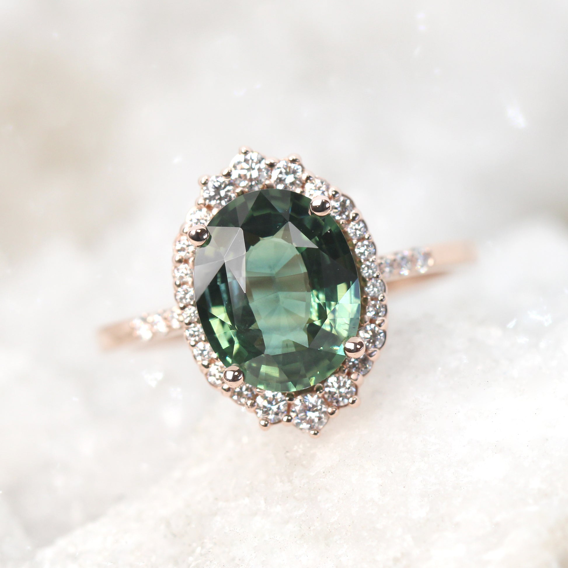 Grace Ring with a 3.27 Carat Color Change Green Blue Oval Sapphire and White Accent Diamonds in 14k Rose Gold - Ready to Size and Ship - Midwinter Co. Alternative Bridal Rings and Modern Fine Jewelry