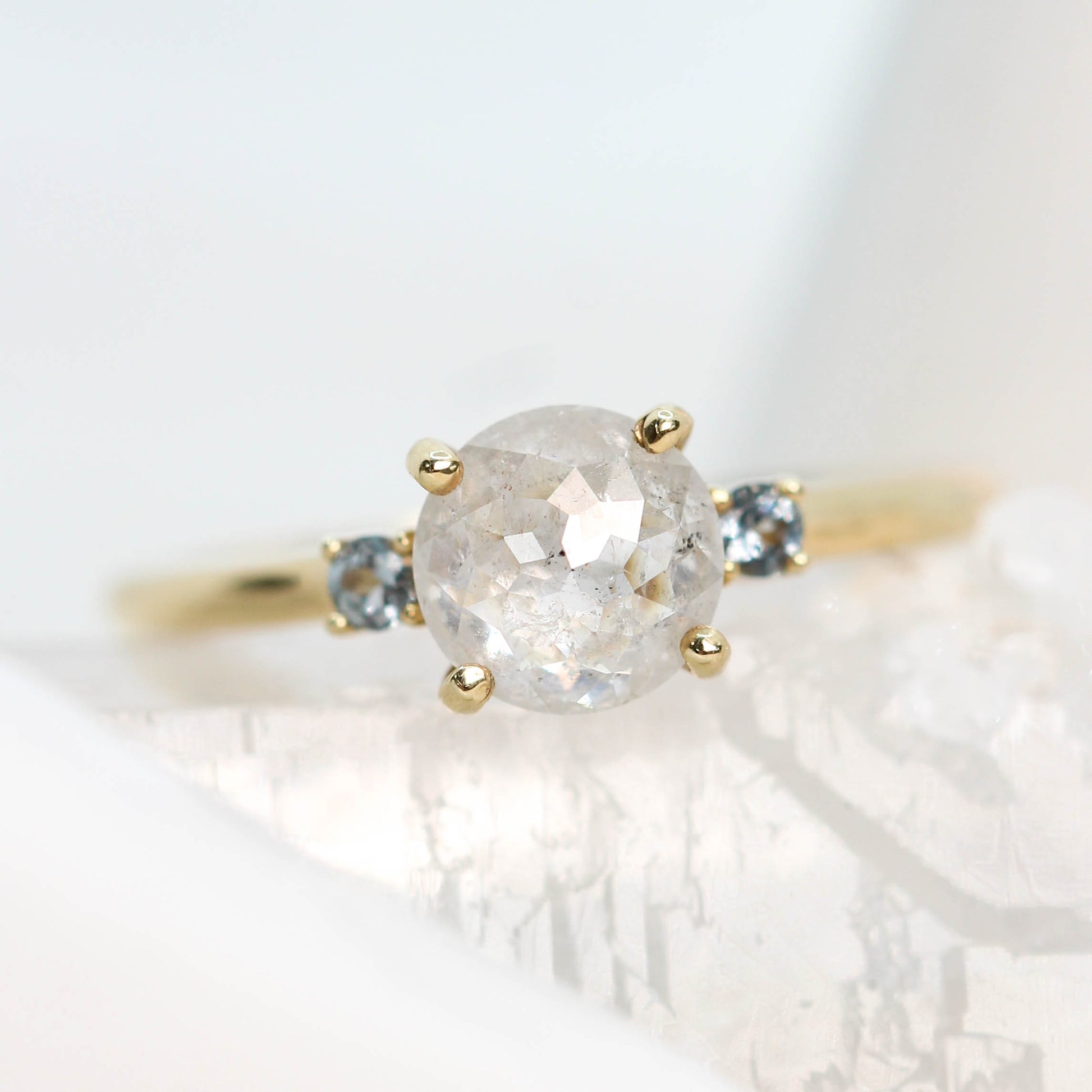 Terra Ring with a 1.33 Carat Rose Cut Celestial Diamond and Gray Blue Spinel in 14k Yellow Gold - Ready to Size and Ship - Midwinter Co. Alternative Bridal Rings and Modern Fine Jewelry