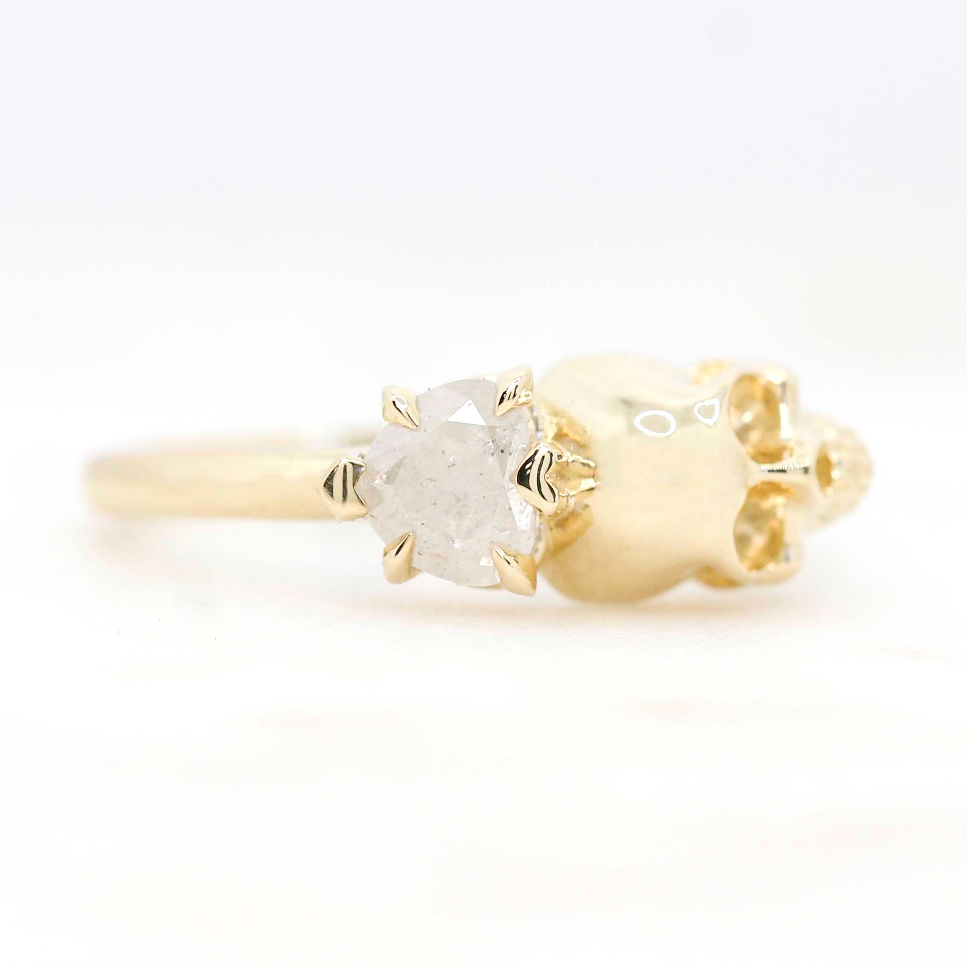 Skull Ring with a 0.79 Carat Misty White Heart-Shaped Diamond and Hidden Diamond in 14k Yellow Gold - Ready to Size and Ship - Midwinter Co. Alternative Bridal Rings and Modern Fine Jewelry