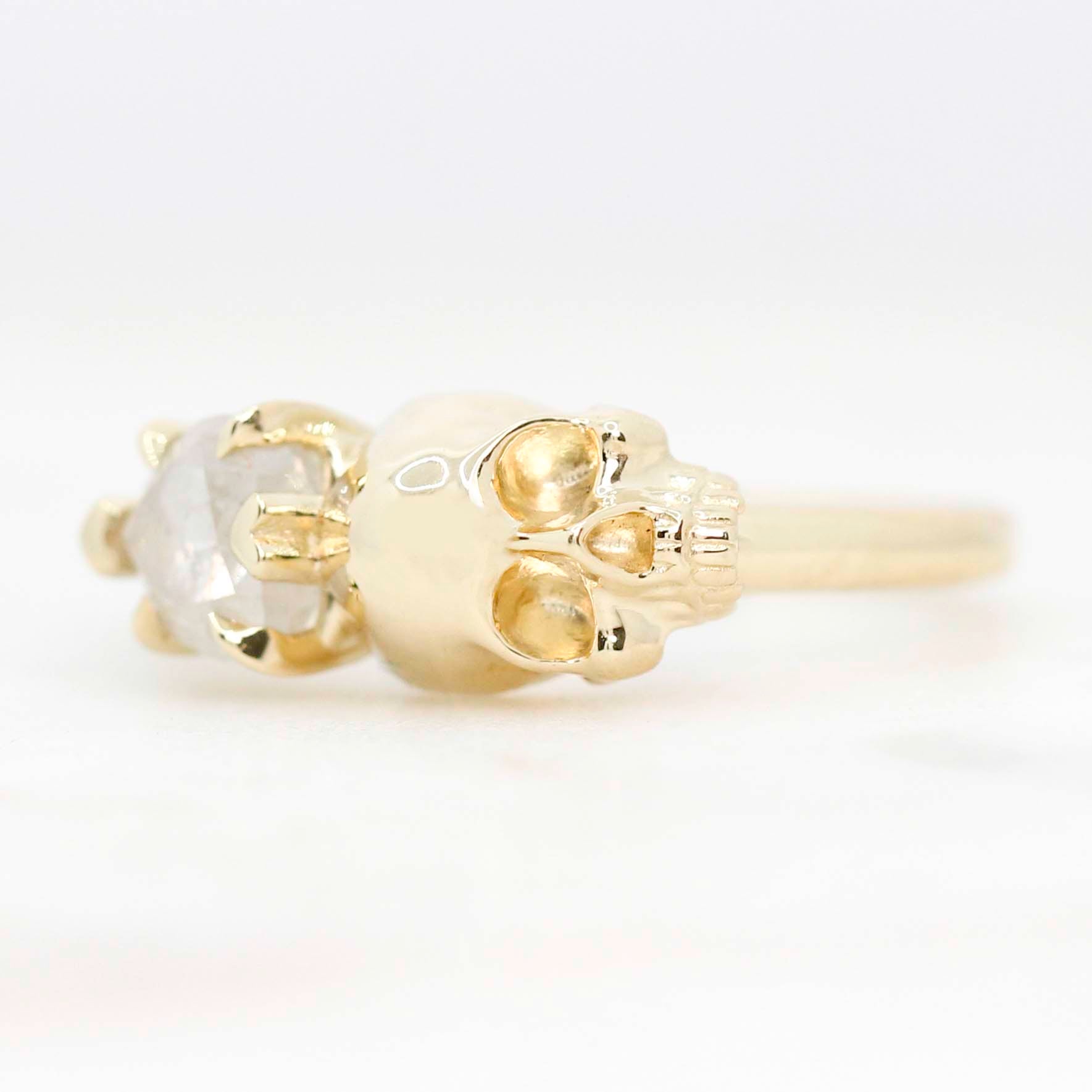 Skull Ring with a 0.79 Carat Misty White Heart-Shaped Diamond and Hidden Diamond in 14k Yellow Gold - Ready to Size and Ship - Midwinter Co. Alternative Bridal Rings and Modern Fine Jewelry