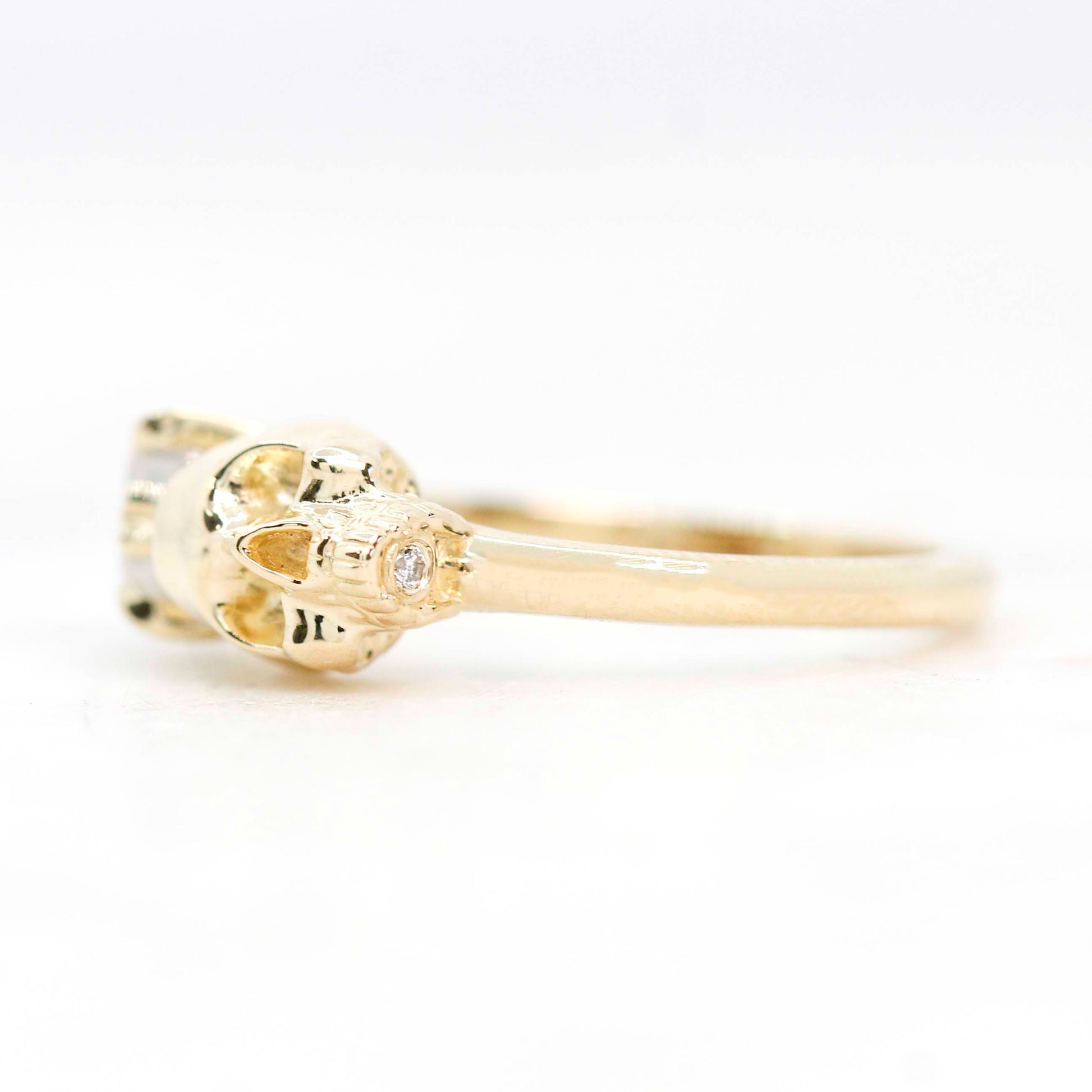 Skull Ring with a 0.79 Carat Misty White Heart-Shaped Diamond and Hidden Diamond in 14k Yellow Gold - Ready to Size and Ship - Midwinter Co. Alternative Bridal Rings and Modern Fine Jewelry