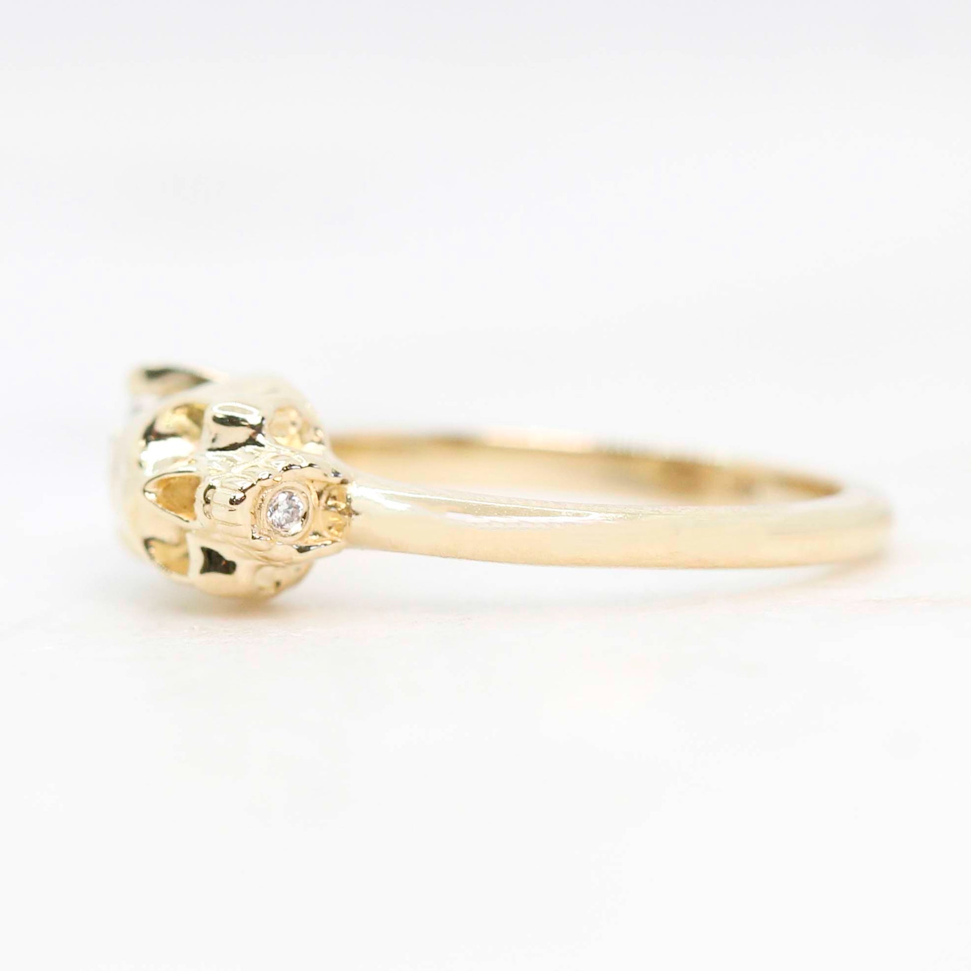 Skull Ring with a 0.79 Carat Misty White Heart-Shaped Diamond and Hidden Diamond in 14k Yellow Gold - Ready to Size and Ship - Midwinter Co. Alternative Bridal Rings and Modern Fine Jewelry