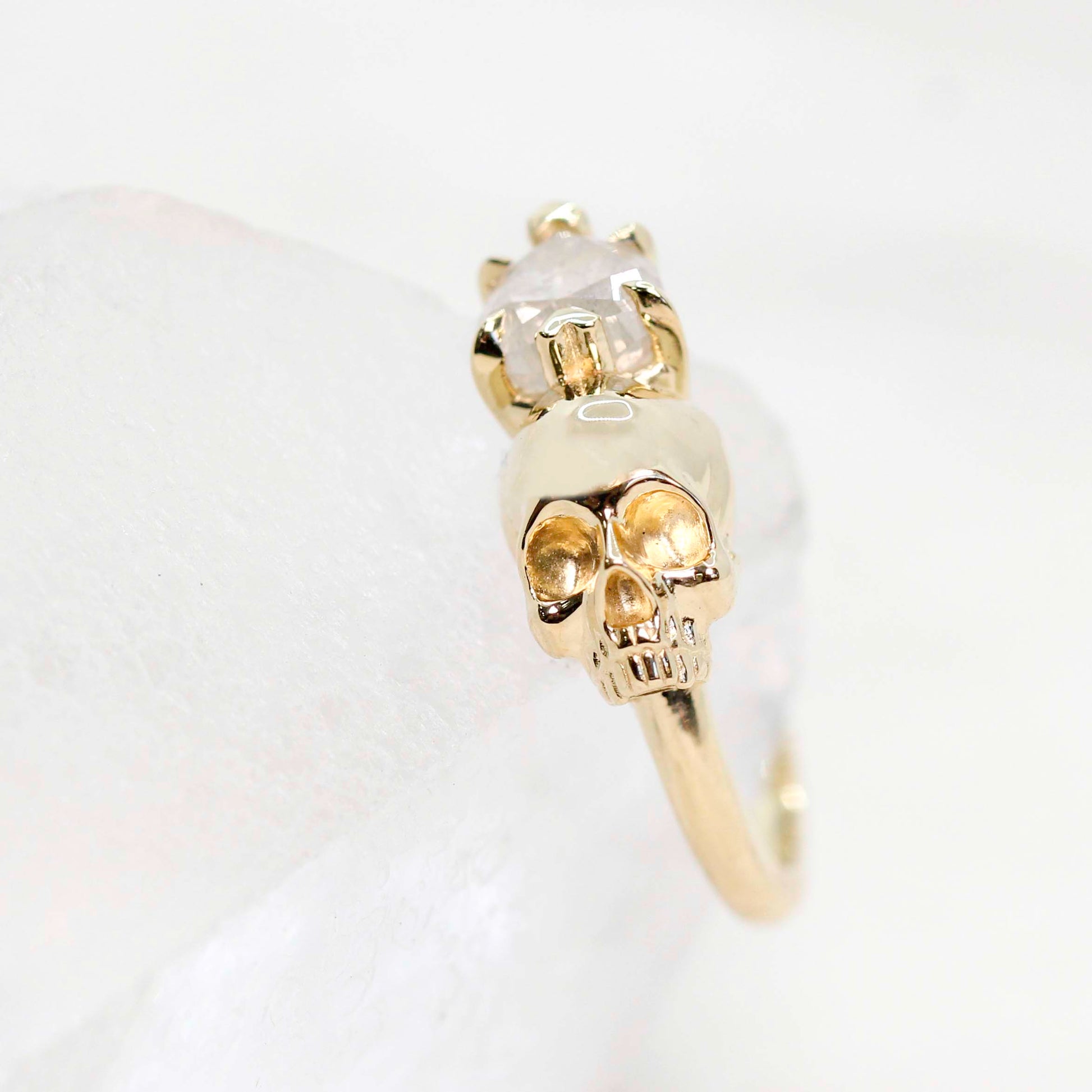 Skull Ring with a 0.79 Carat Misty White Heart-Shaped Diamond and Hidden Diamond in 14k Yellow Gold - Ready to Size and Ship - Midwinter Co. Alternative Bridal Rings and Modern Fine Jewelry