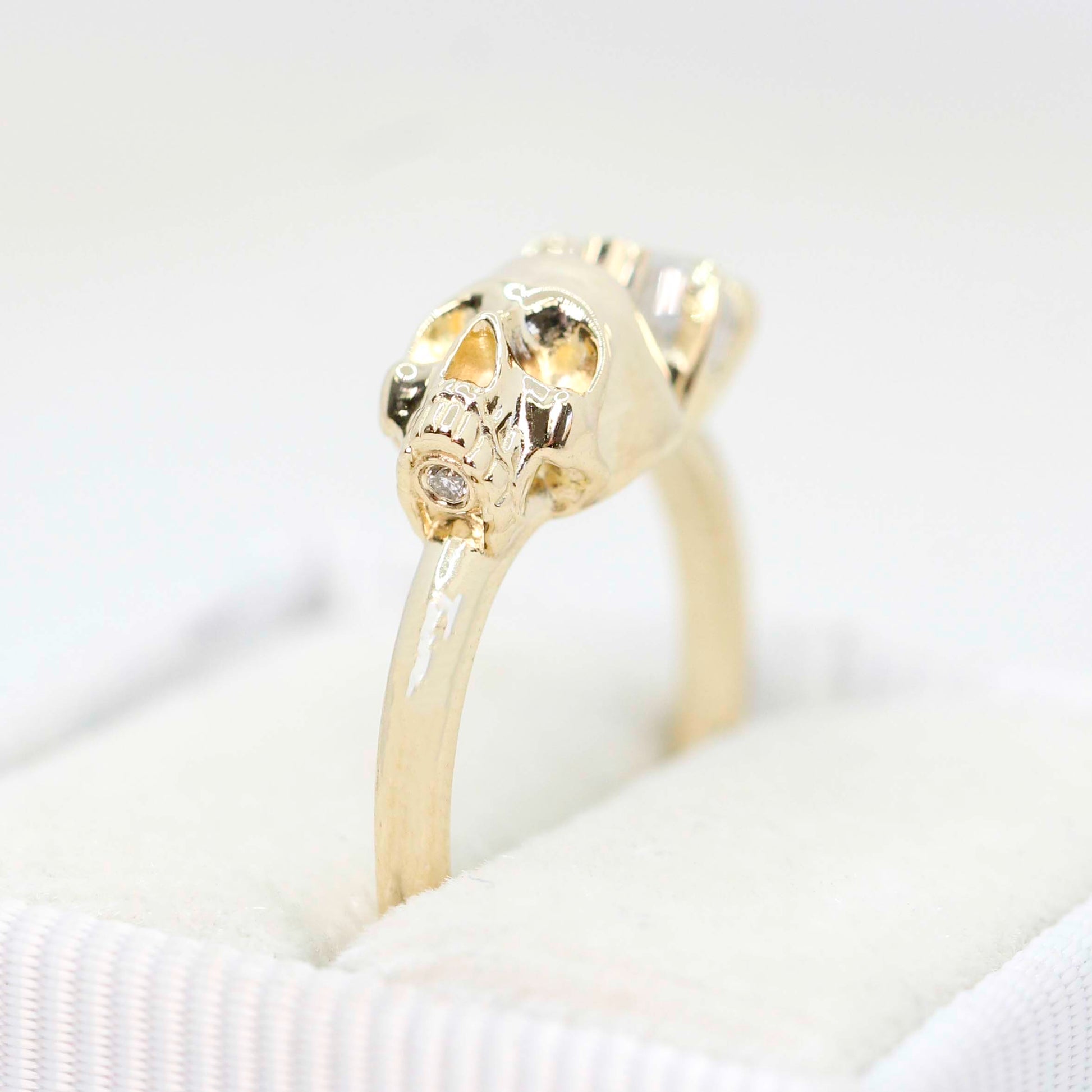 Skull Ring with a 0.79 Carat Misty White Heart-Shaped Diamond and Hidden Diamond in 14k Yellow Gold - Ready to Size and Ship - Midwinter Co. Alternative Bridal Rings and Modern Fine Jewelry