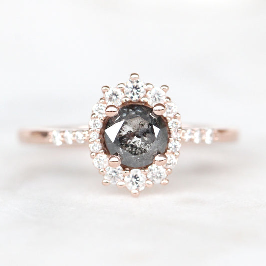 Grace Ring with a 1.01 Round Dark Stormy Gray Celestial Diamond and White Accent Diamonds in 14k Rose Gold - Ready to Size and Ship - Midwinter Co. Alternative Bridal Rings and Modern Fine Jewelry