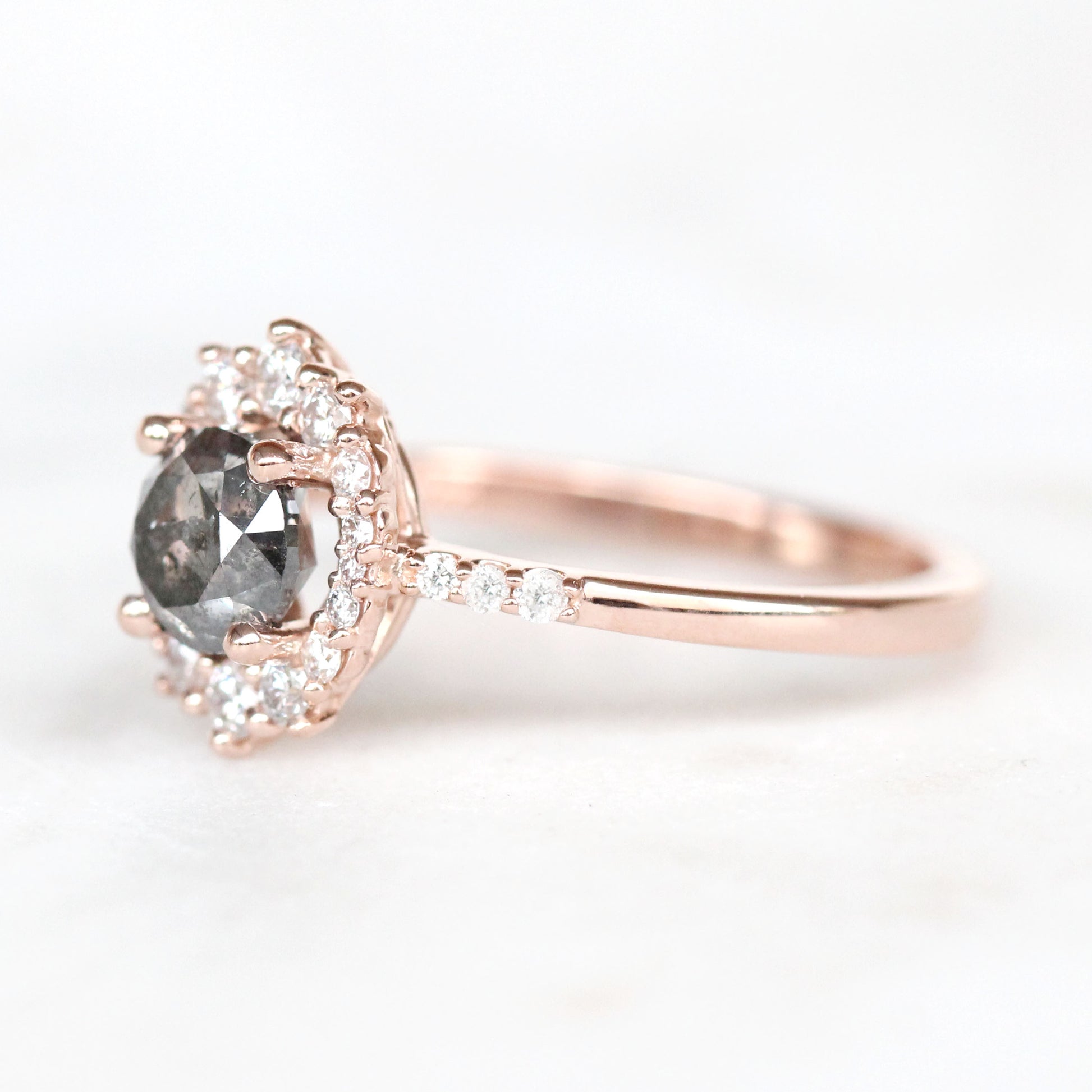 Grace Ring with a 1.01 Round Dark Stormy Gray Celestial Diamond and White Accent Diamonds in 14k Rose Gold - Ready to Size and Ship - Midwinter Co. Alternative Bridal Rings and Modern Fine Jewelry