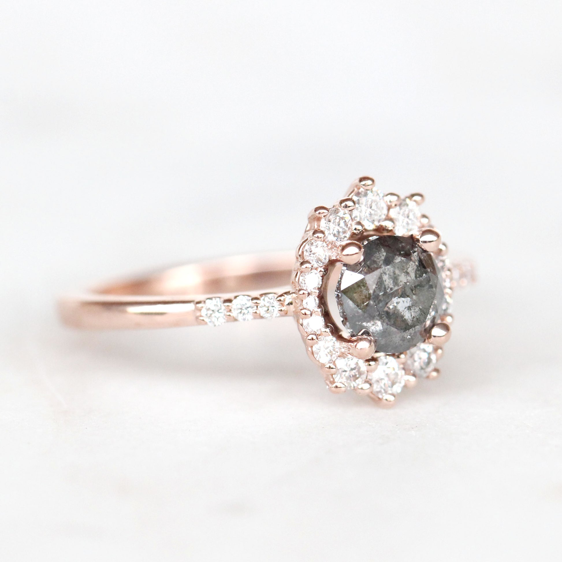 Grace Ring with a 1.01 Round Dark Stormy Gray Celestial Diamond and White Accent Diamonds in 14k Rose Gold - Ready to Size and Ship - Midwinter Co. Alternative Bridal Rings and Modern Fine Jewelry