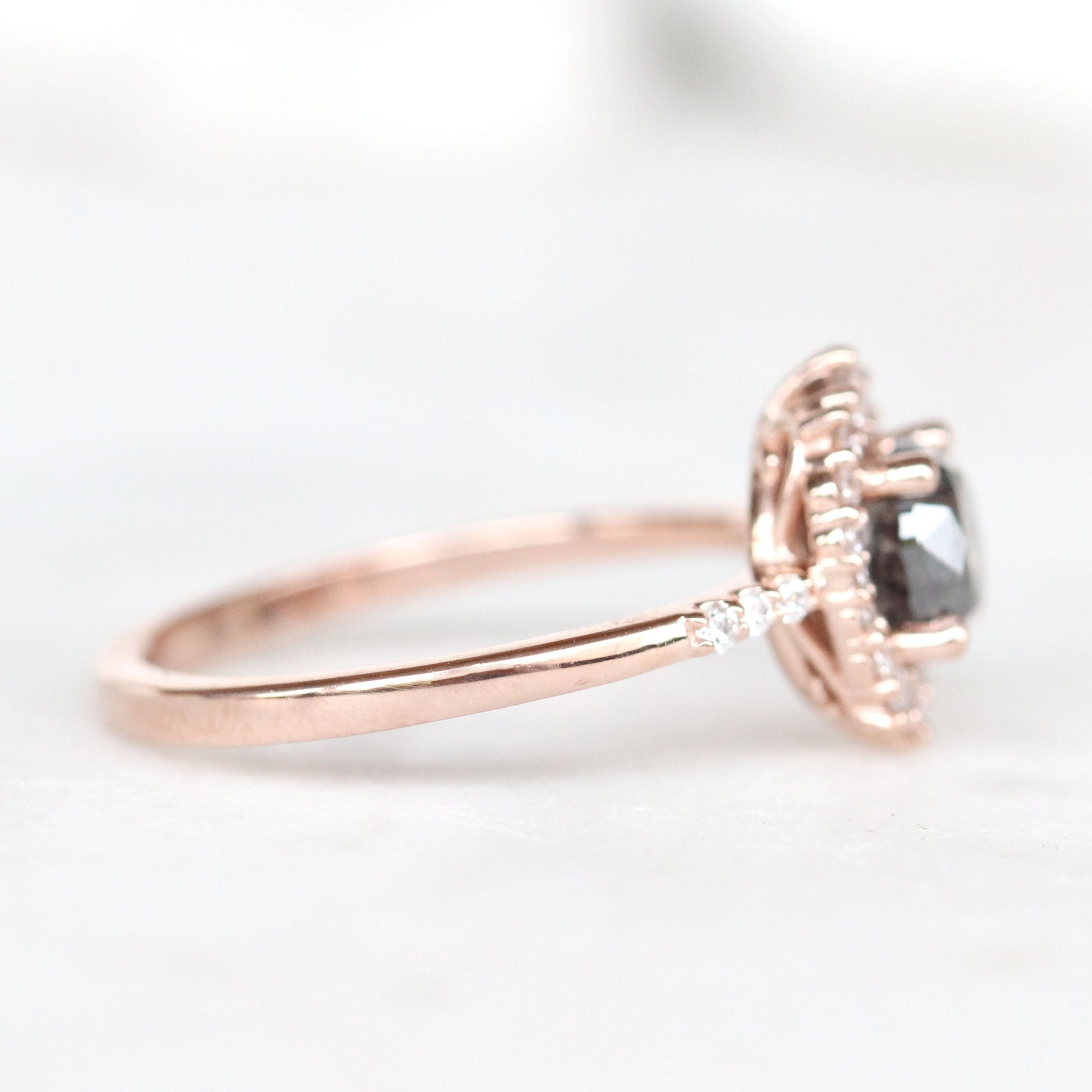 Grace Ring with a 1.01 Round Dark Stormy Gray Celestial Diamond and White Accent Diamonds in 14k Rose Gold - Ready to Size and Ship - Midwinter Co. Alternative Bridal Rings and Modern Fine Jewelry