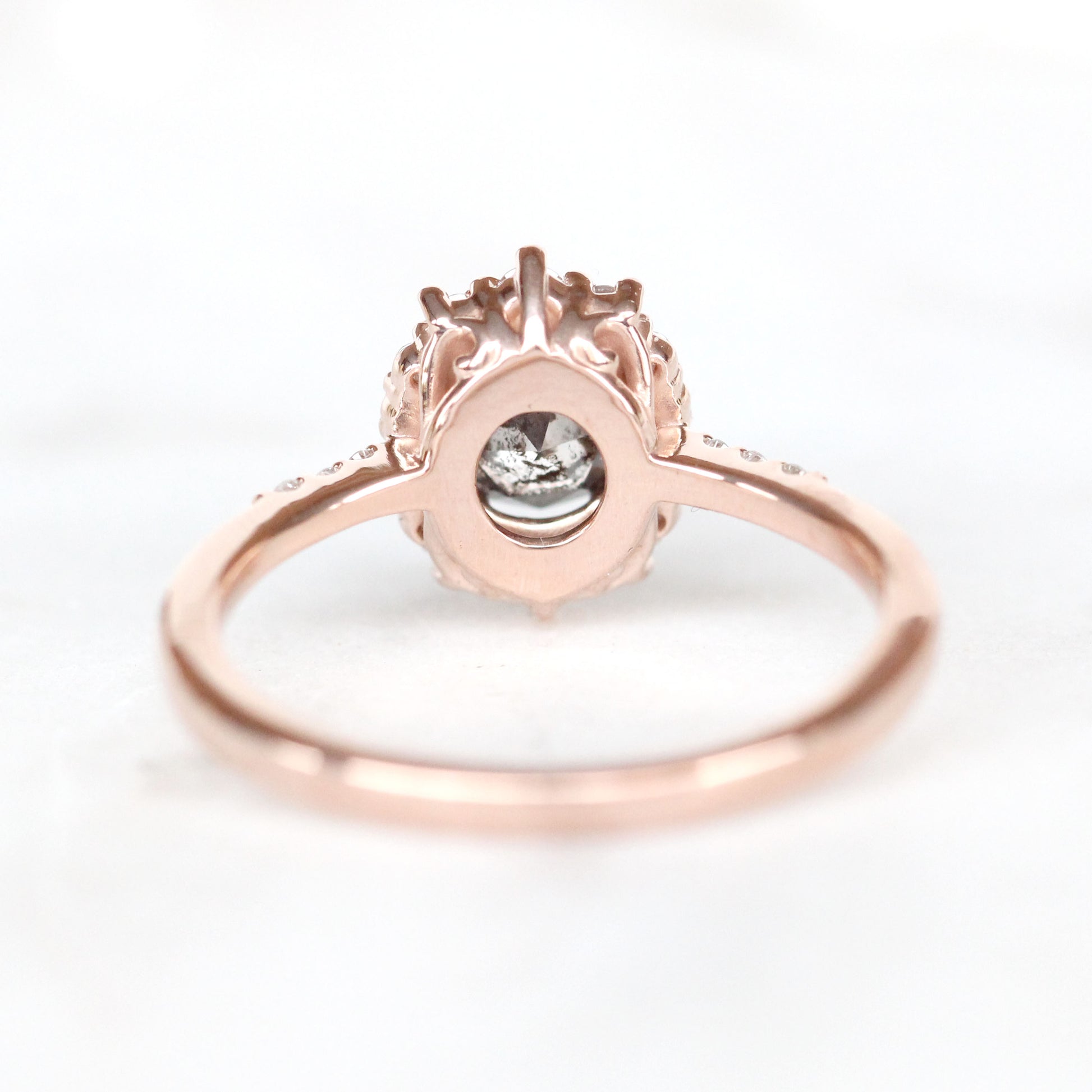 Grace Ring with a 1.01 Round Dark Stormy Gray Celestial Diamond and White Accent Diamonds in 14k Rose Gold - Ready to Size and Ship - Midwinter Co. Alternative Bridal Rings and Modern Fine Jewelry