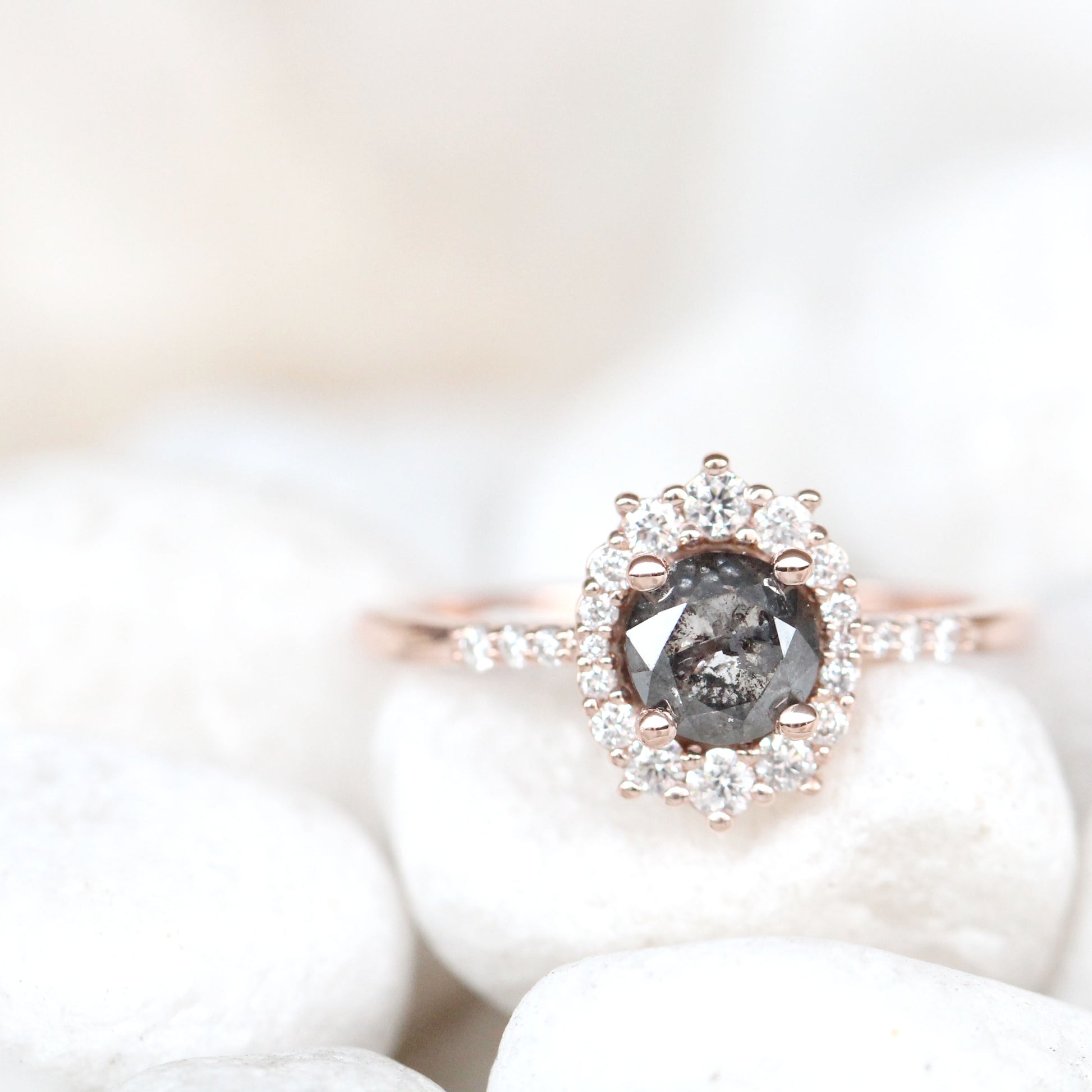 Grace Ring with a 1.01 Round Dark Stormy Gray Celestial Diamond and White Accent Diamonds in 14k Rose Gold - Ready to Size and Ship - Midwinter Co. Alternative Bridal Rings and Modern Fine Jewelry