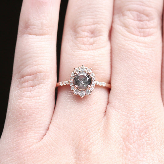 Grace Ring with a 1.01 Round Dark Stormy Gray Celestial Diamond and White Accent Diamonds in 14k Rose Gold - Ready to Size and Ship - Midwinter Co. Alternative Bridal Rings and Modern Fine Jewelry