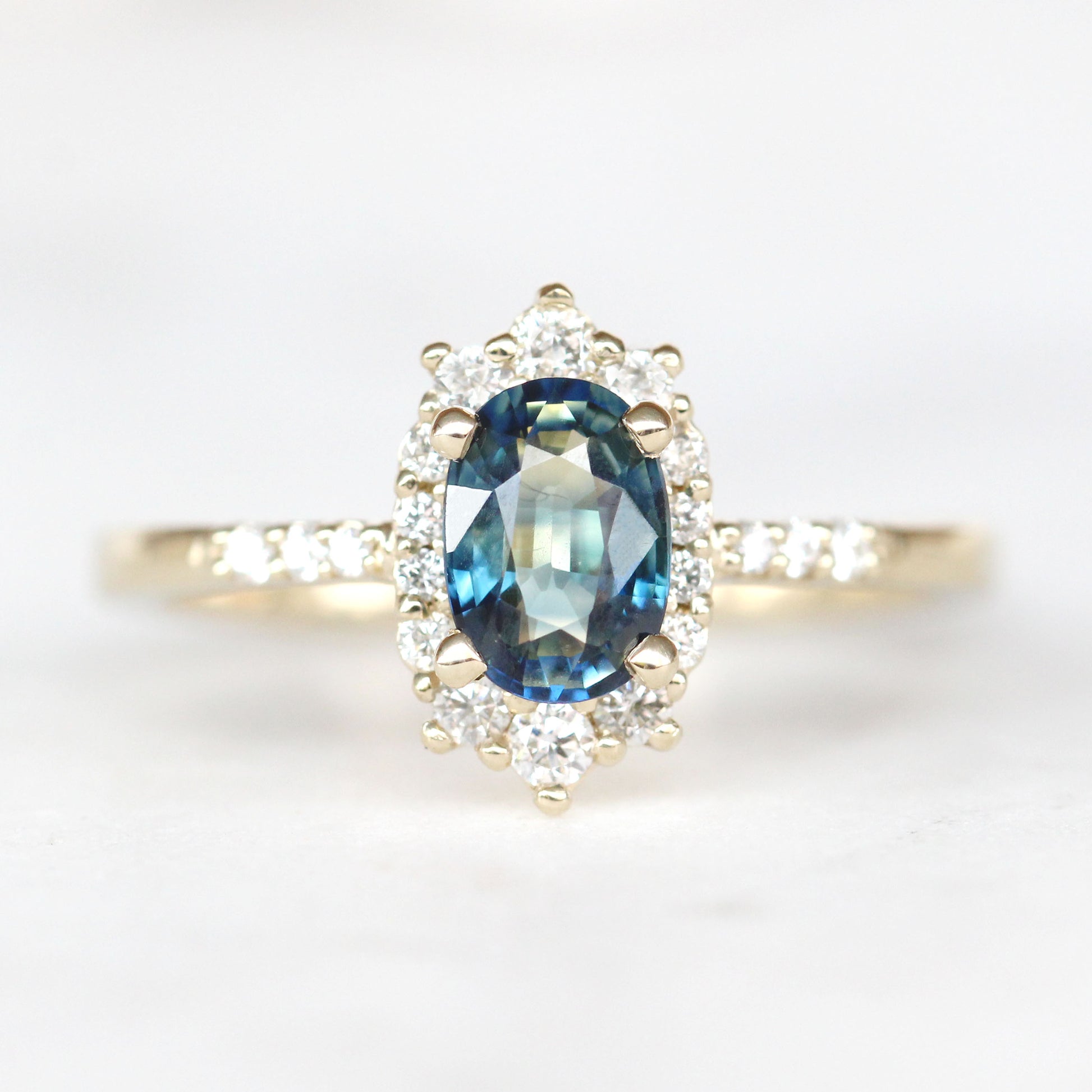 Grace Ring with a 1.06 Carat Oval Blue Sapphire with White Accent Diamonds in 14k Yellow Gold - Ready to Size and Ship - Midwinter Co. Alternative Bridal Rings and Modern Fine Jewelry